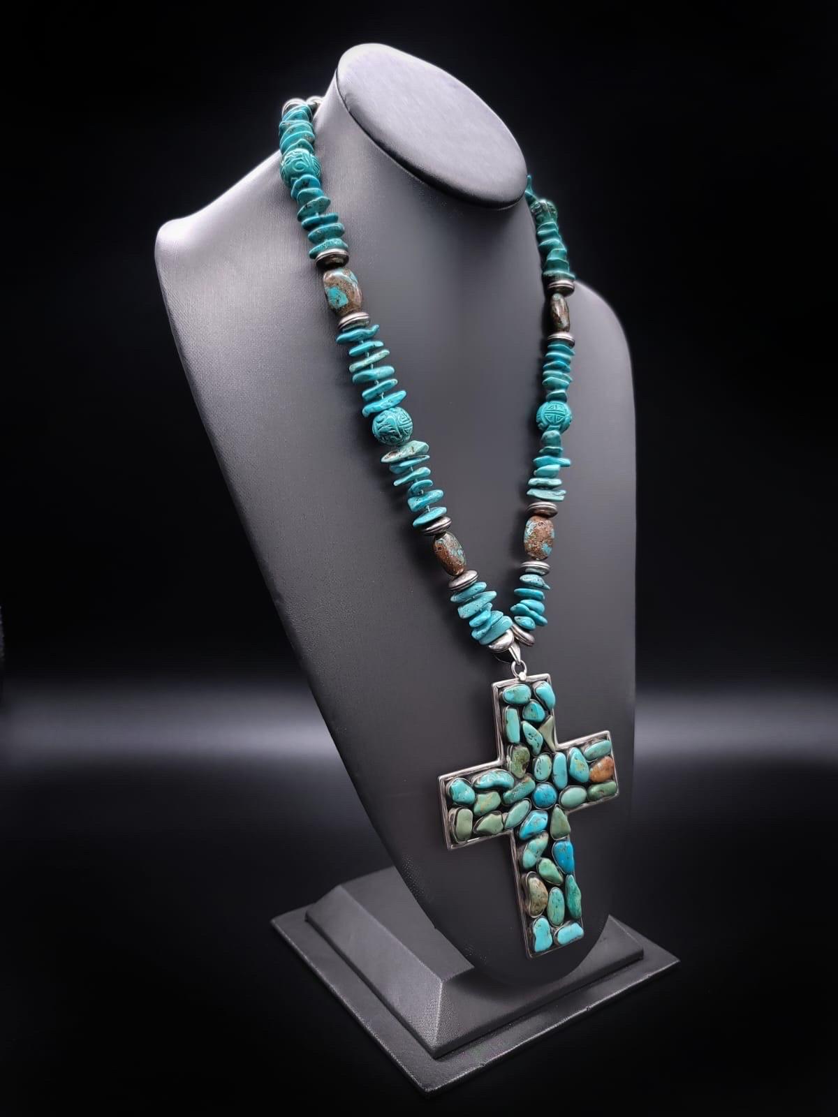 Exquisite lange türkisfarbene Kreuz-Anhänger-Halskette von A.Jeschel im Angebot 11