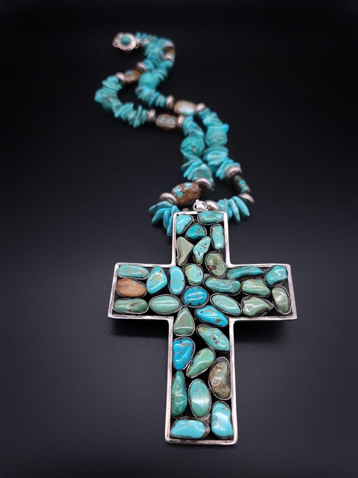 Contemporary A.Jeschel Exquisite long Turquoise Cross pendant necklace For Sale