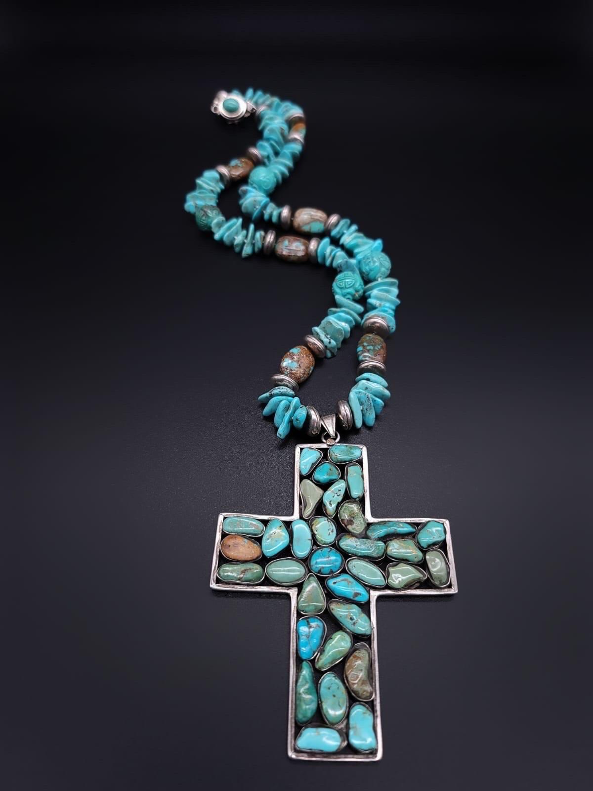 Mixed Cut A.Jeschel Exquisite long Turquoise Cross pendant necklace For Sale