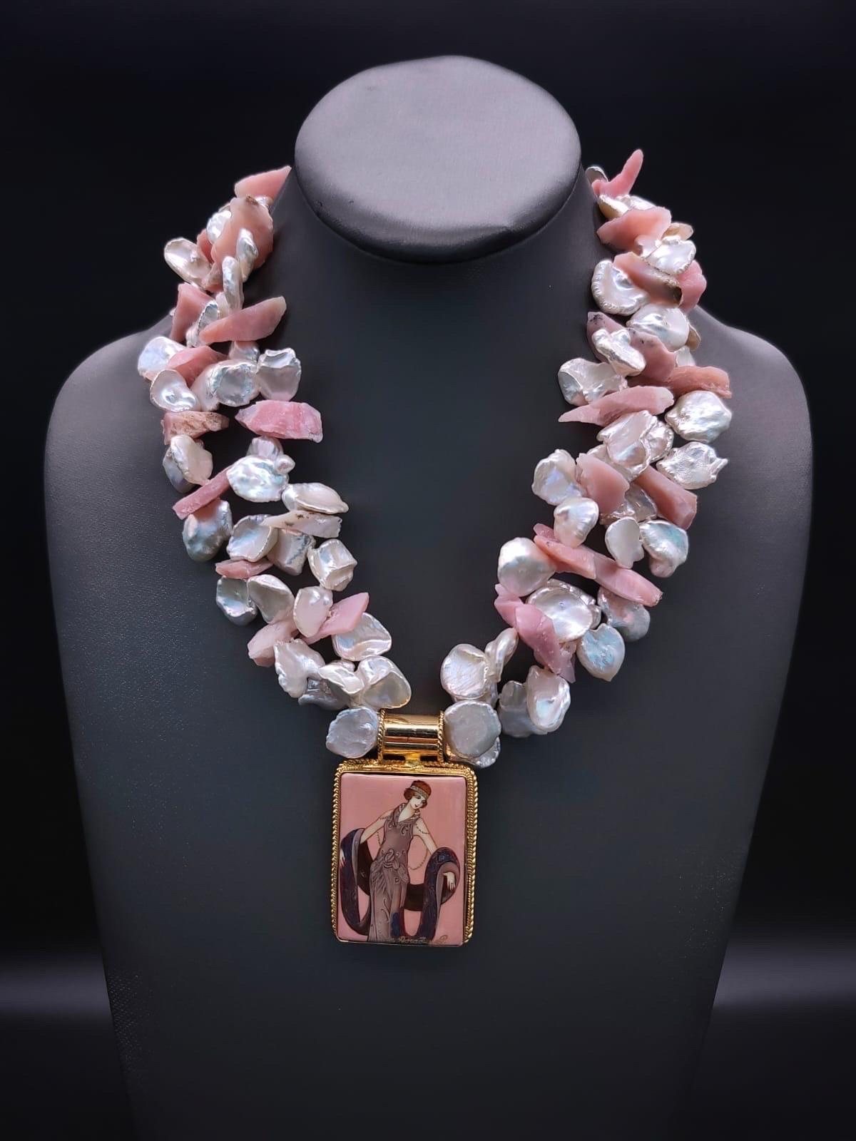 Mixed Cut A.Jeschel Fabulous Keshi Pearls necklace with an Art Deco pendant. For Sale