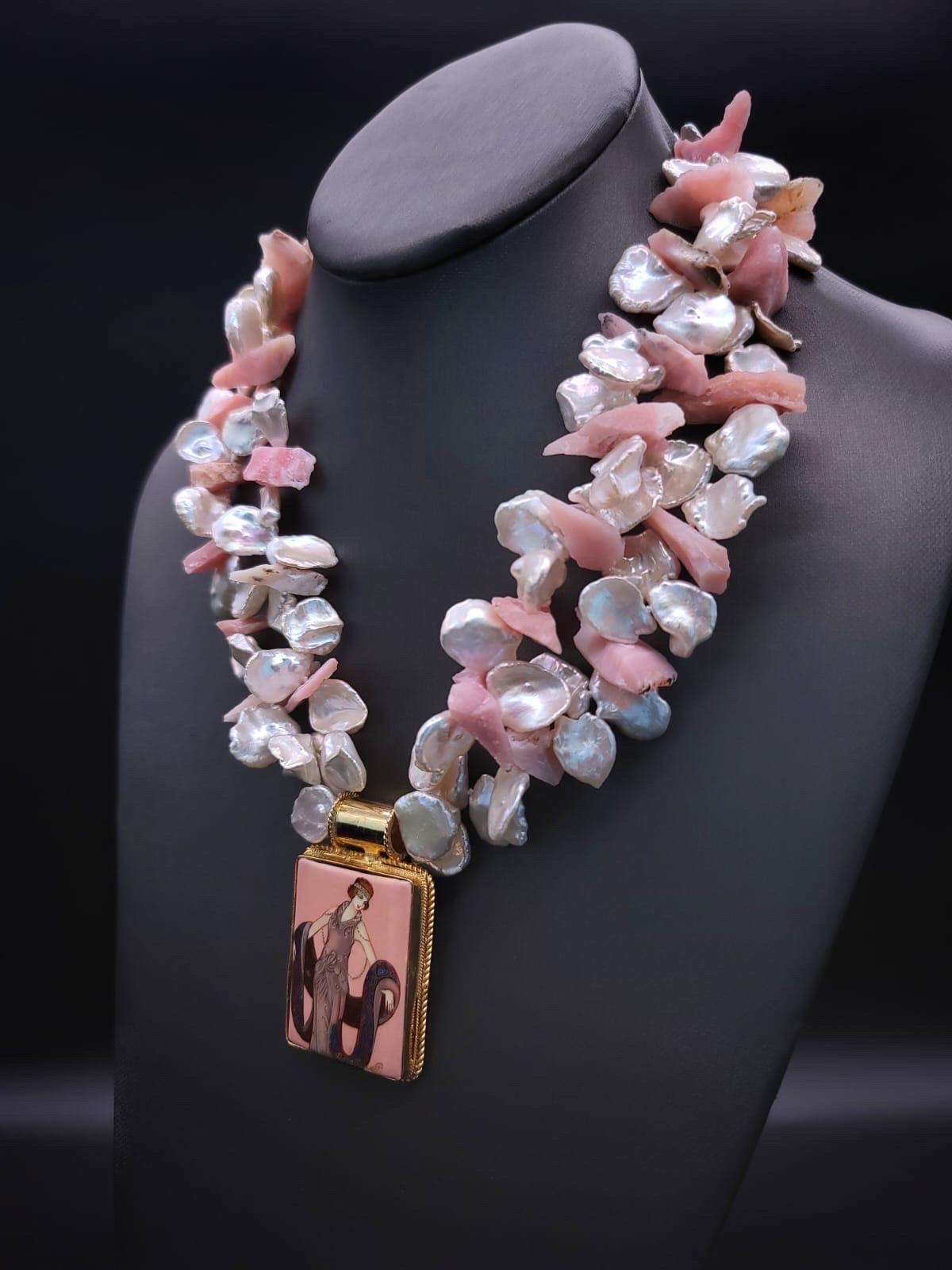 A.Jeschel Fabulous Keshi Pearls necklace with an Art Deco pendant. For Sale 2