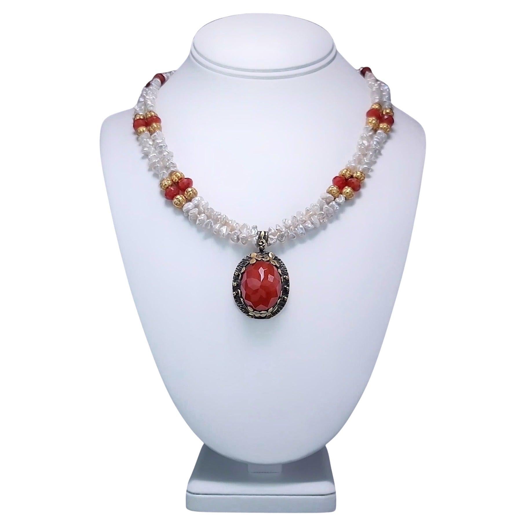 A.Jeschel Faceted Carnelian Pendat Keshi Freshwater Pearls Necklace