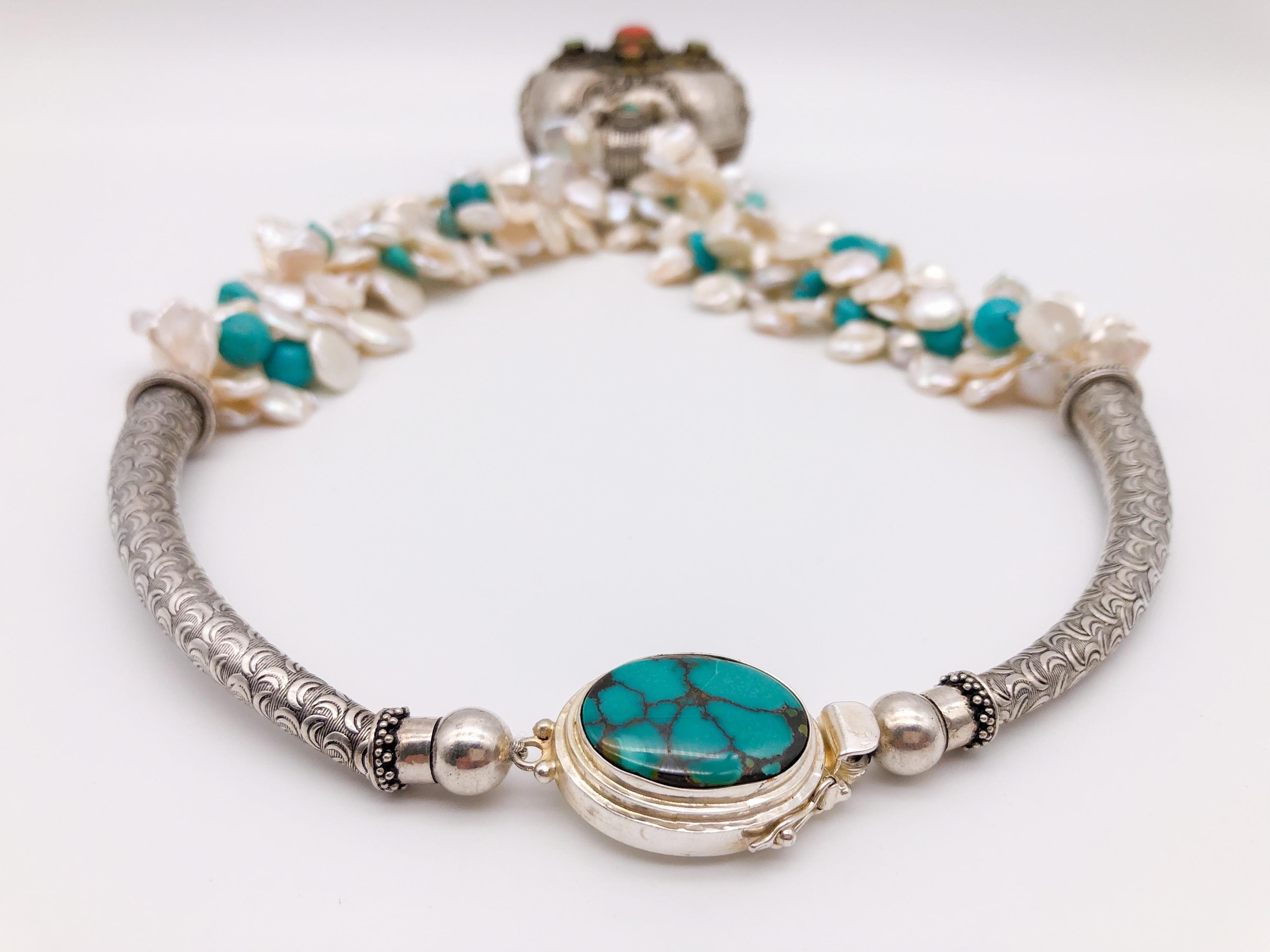 A.Jeschel Traditional Tibetan Ghau Box pendant with Turquoise and Keshi Pearls For Sale 4