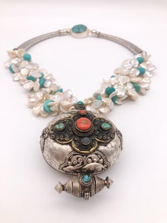 A.Jeschel Traditional Tibetan Ghau Box pendant with Turquoise and Keshi Pearls