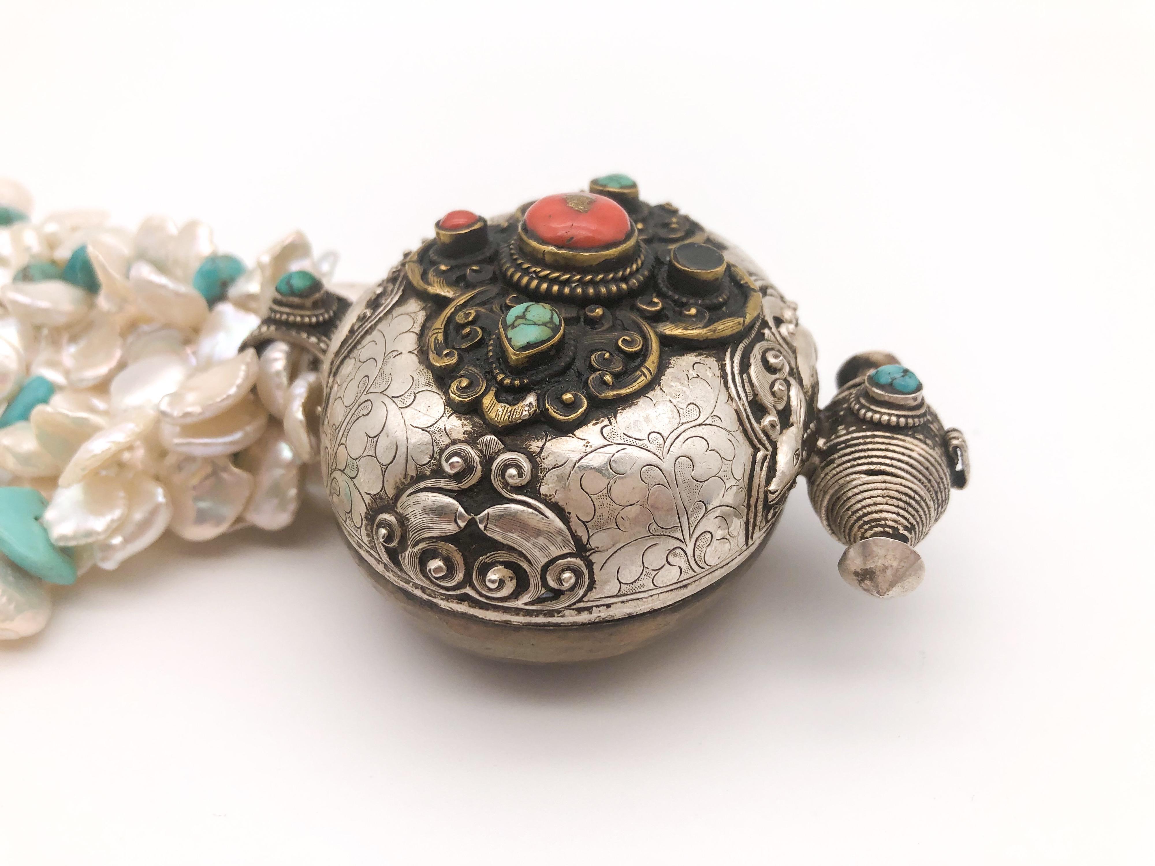Contemporary A.Jeschel Traditional Tibetan Ghau Box pendant with Turquoise and Keshi Pearls For Sale