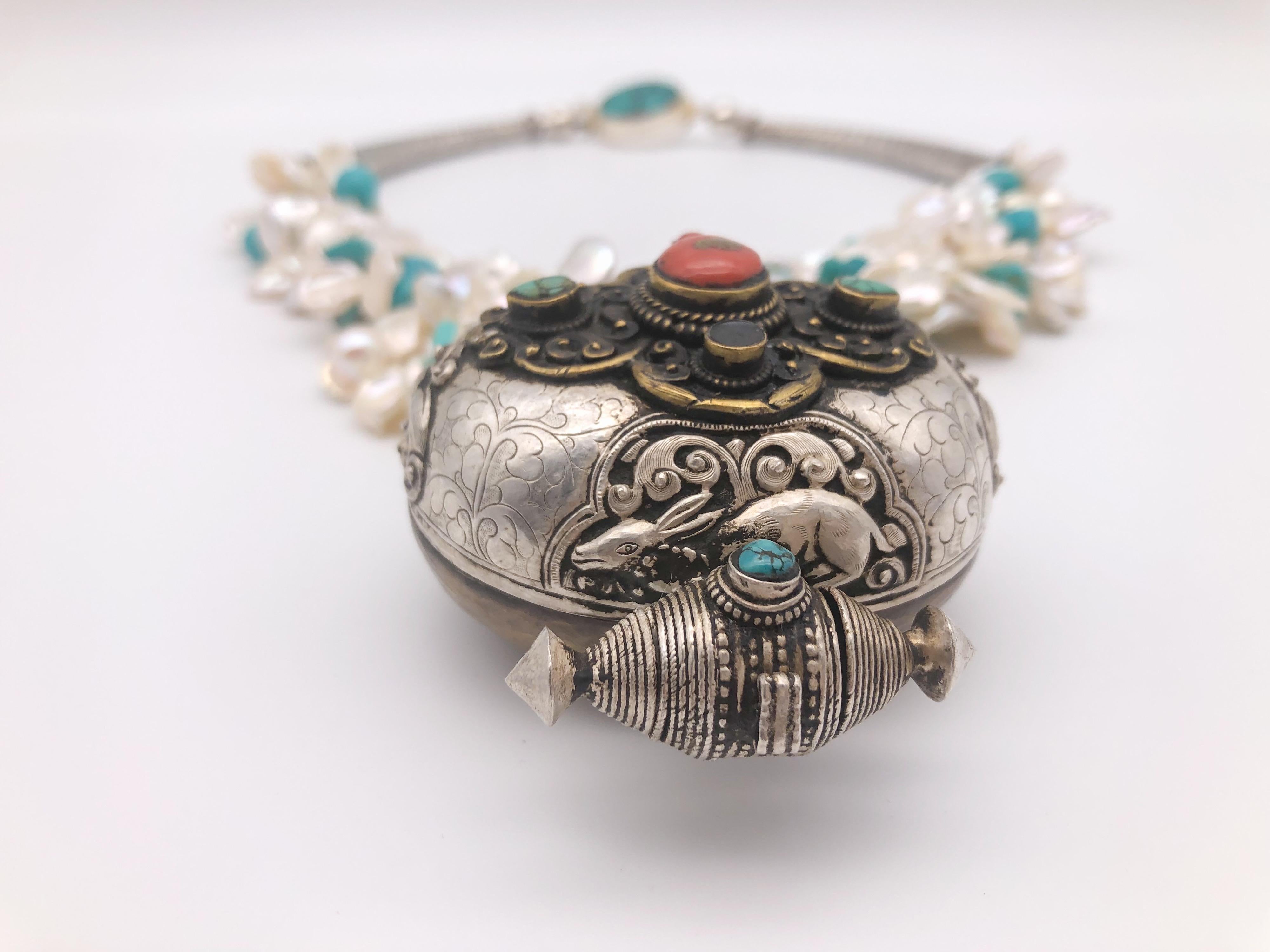 Mixed Cut A.Jeschel Traditional Tibetan Ghau Box pendant with Turquoise and Keshi Pearls For Sale