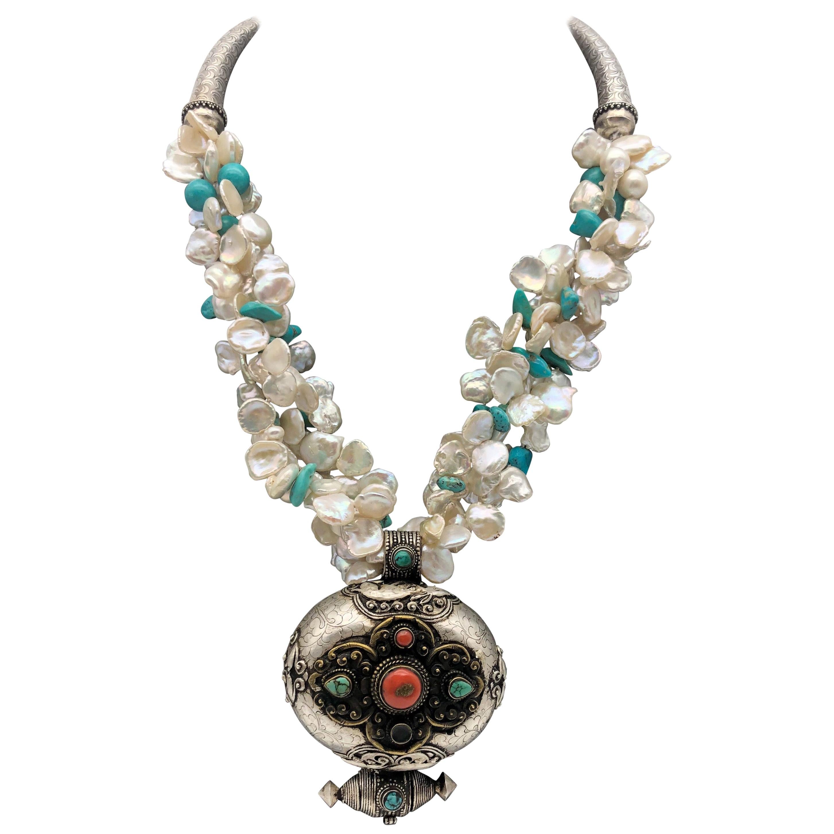 A.Jeschel Traditional Tibetan Ghau Box pendant with Turquoise and Keshi Pearls For Sale