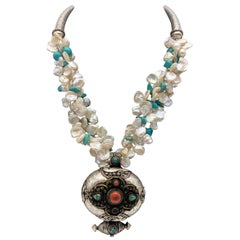 A.Jeschel Traditional Tibetan Ghau Box pendant with Turquoise and Keshi Pearls