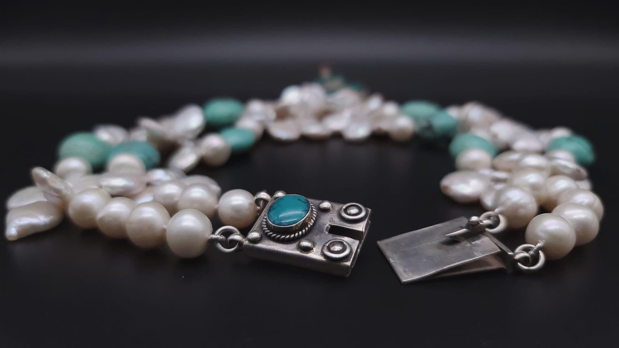 A.Jeschel Flattering Turquoise and Pearl necklace. For Sale 5