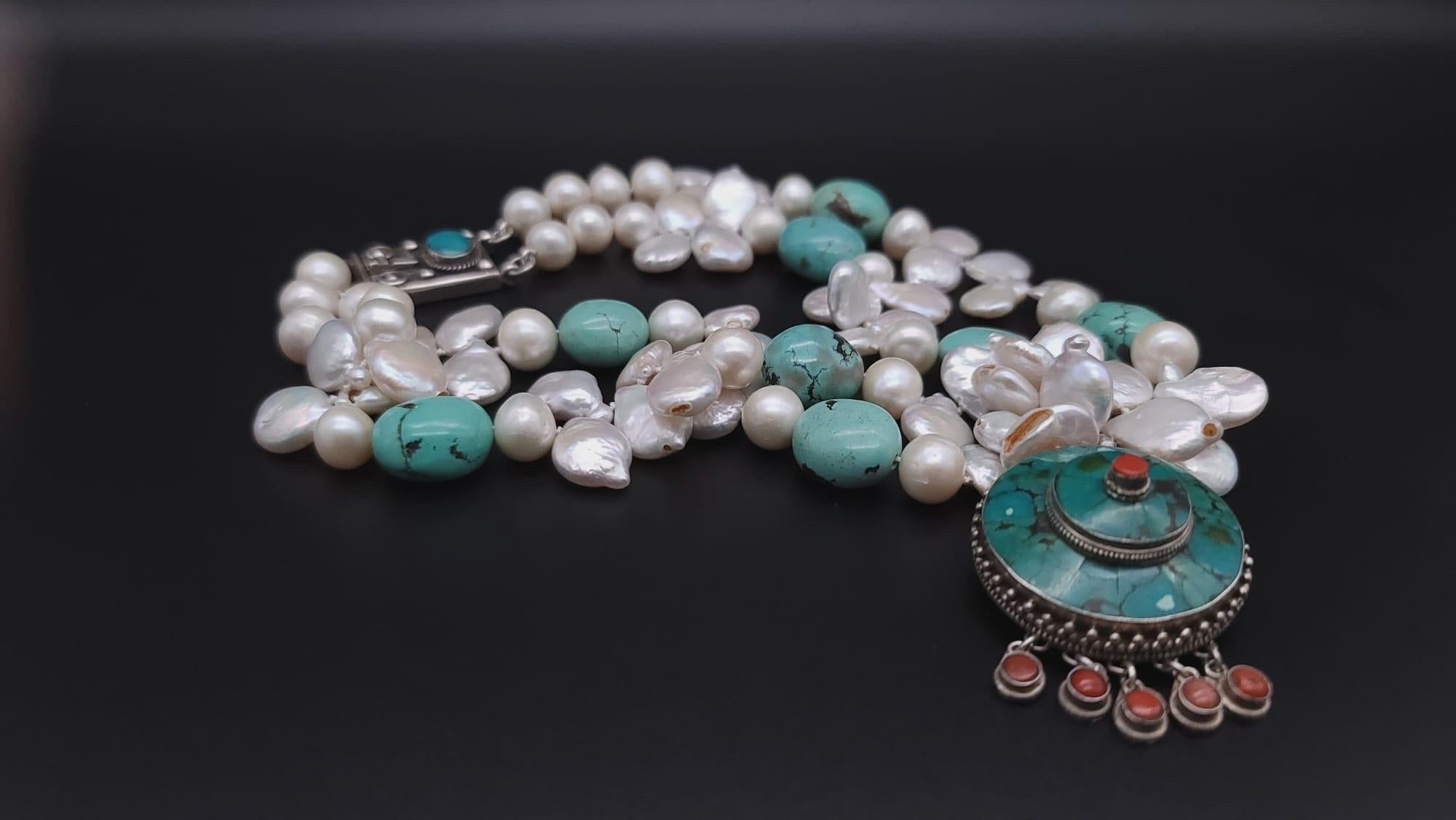A.Jeschel Flattering Turquoise and Pearl necklace. For Sale 6