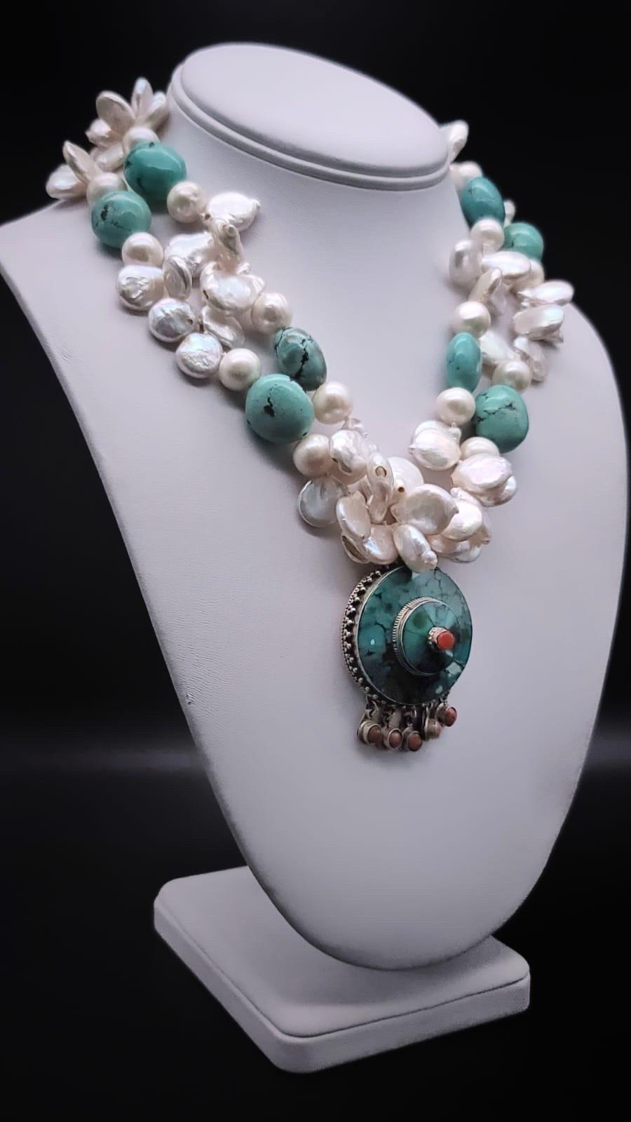 A.Jeschel Flattering Turquoise and Pearl necklace. For Sale 7