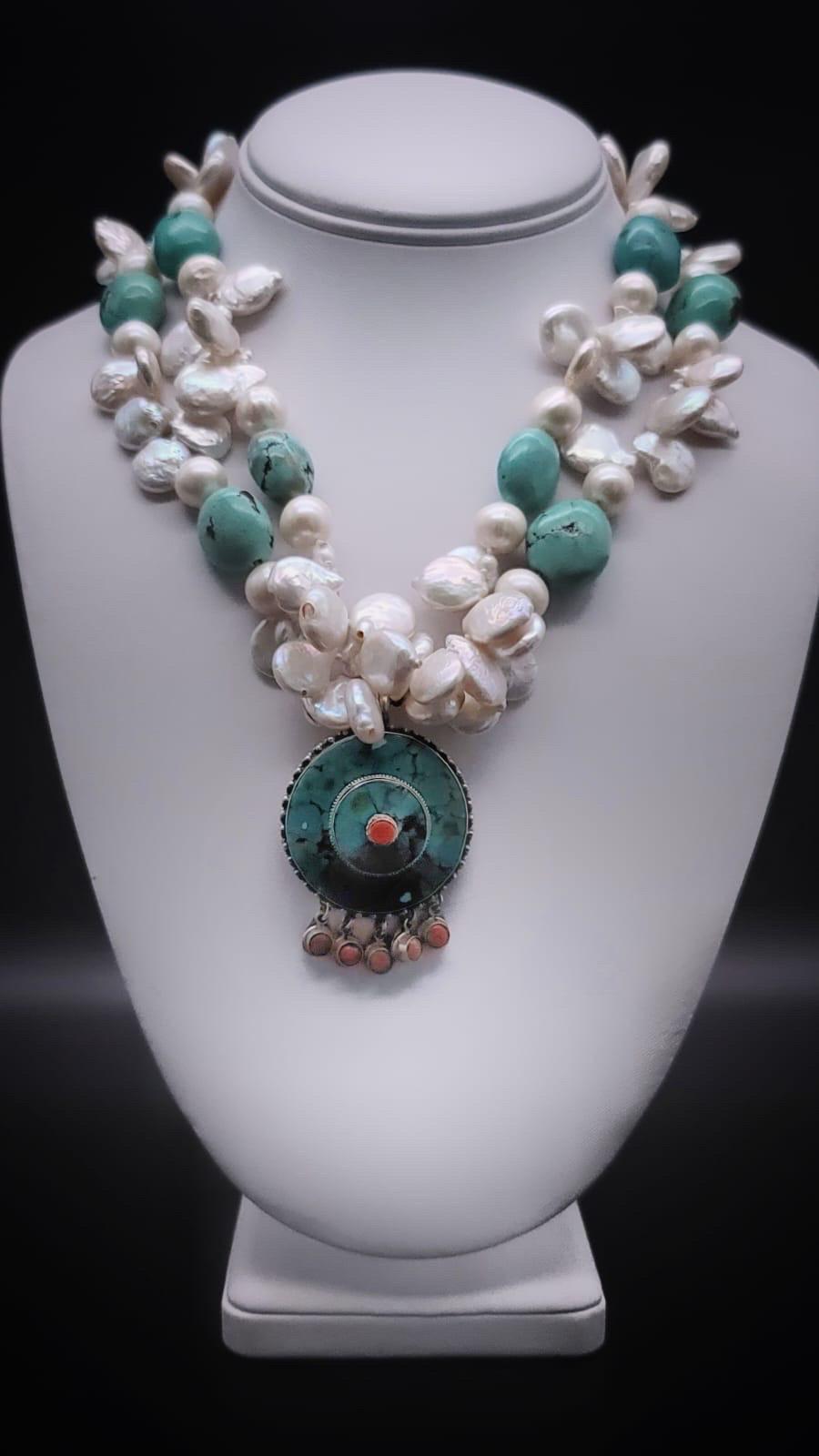 Mixed Cut A.Jeschel Flattering Turquoise and Pearl necklace. For Sale