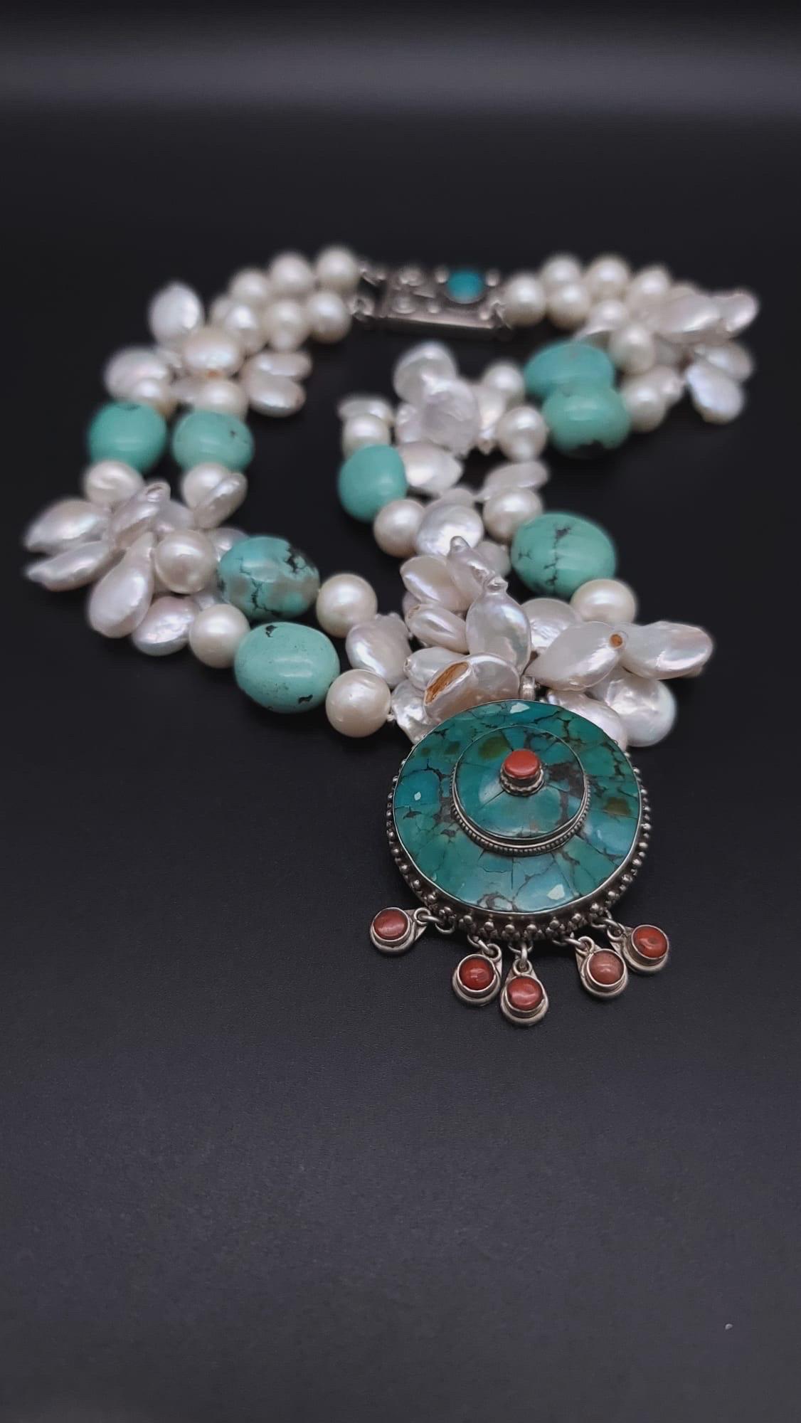 Women's A.Jeschel Flattering Turquoise and Pearl necklace. For Sale