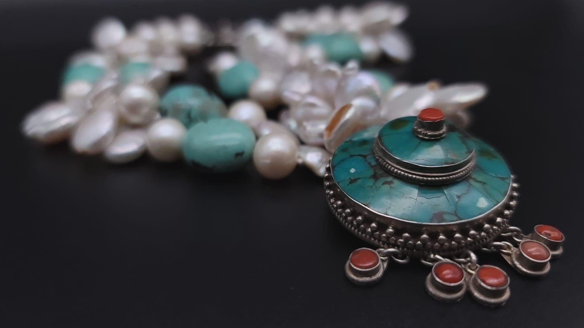 A.Jeschel Flattering Turquoise and Pearl necklace. For Sale 1