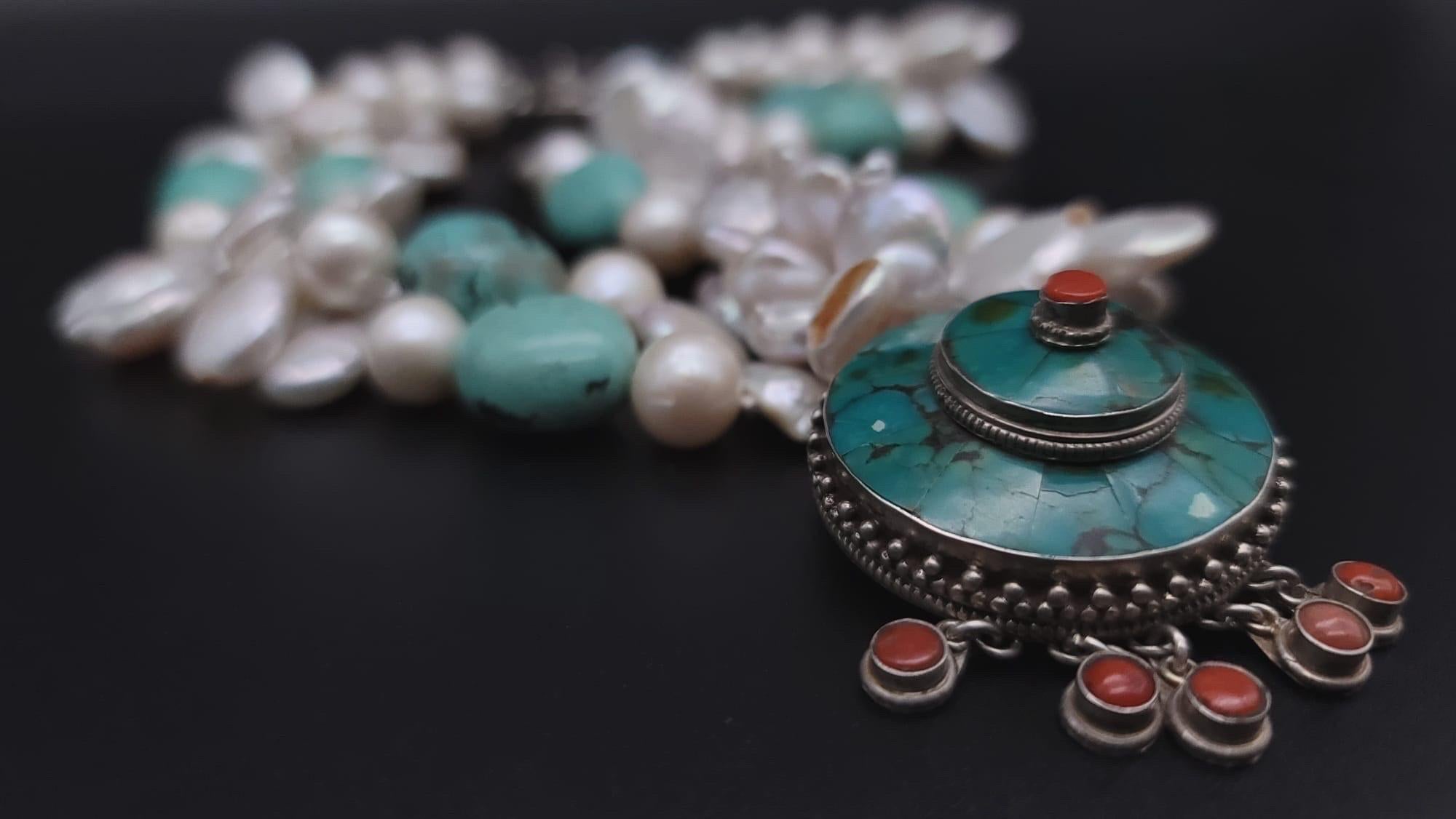 A.Jeschel Flattering Turquoise and Pearl necklace with Tibetan Pendant. For Sale 1
