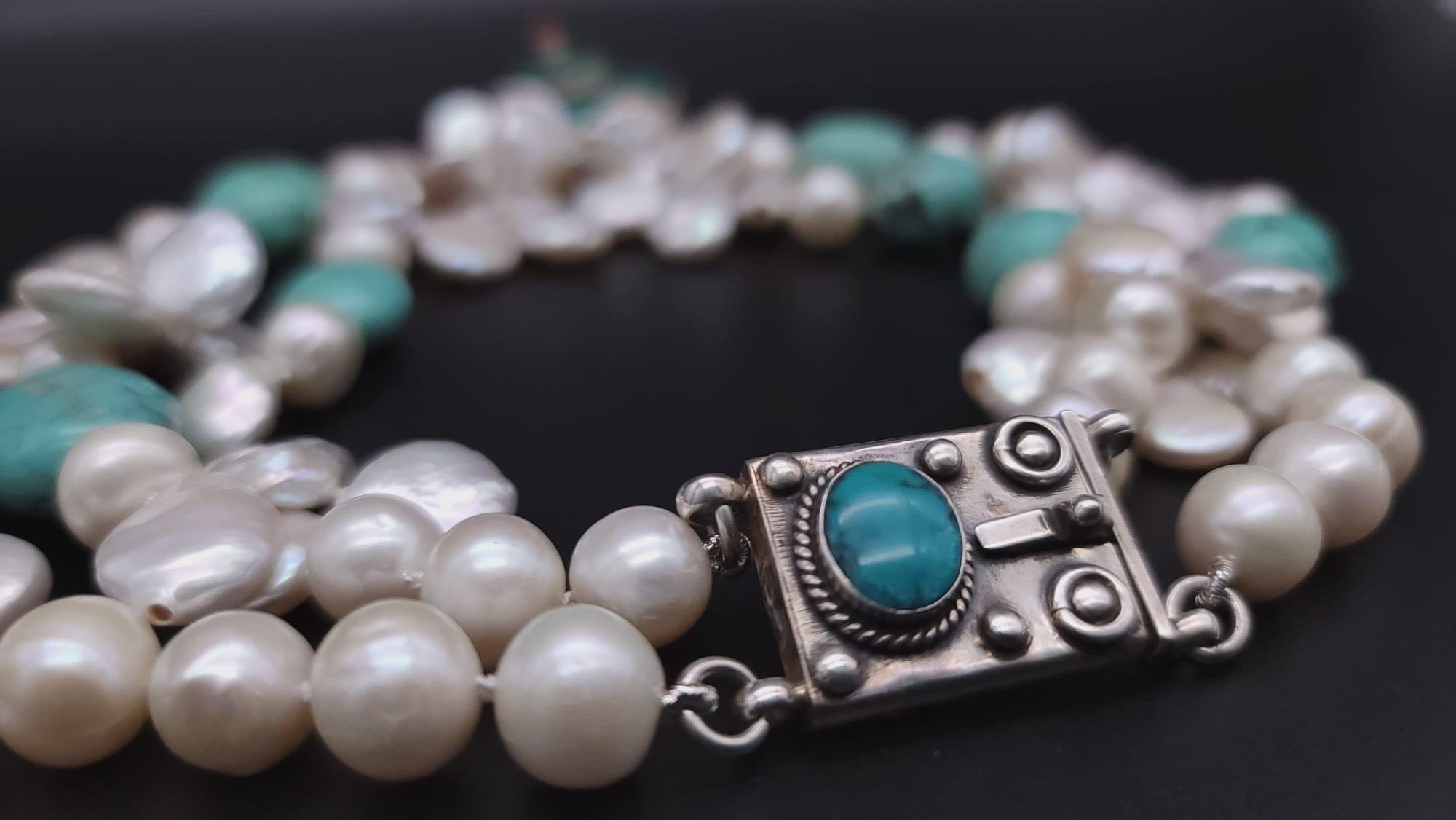 A.Jeschel Flattering Turquoise and Pearl necklace. For Sale 2