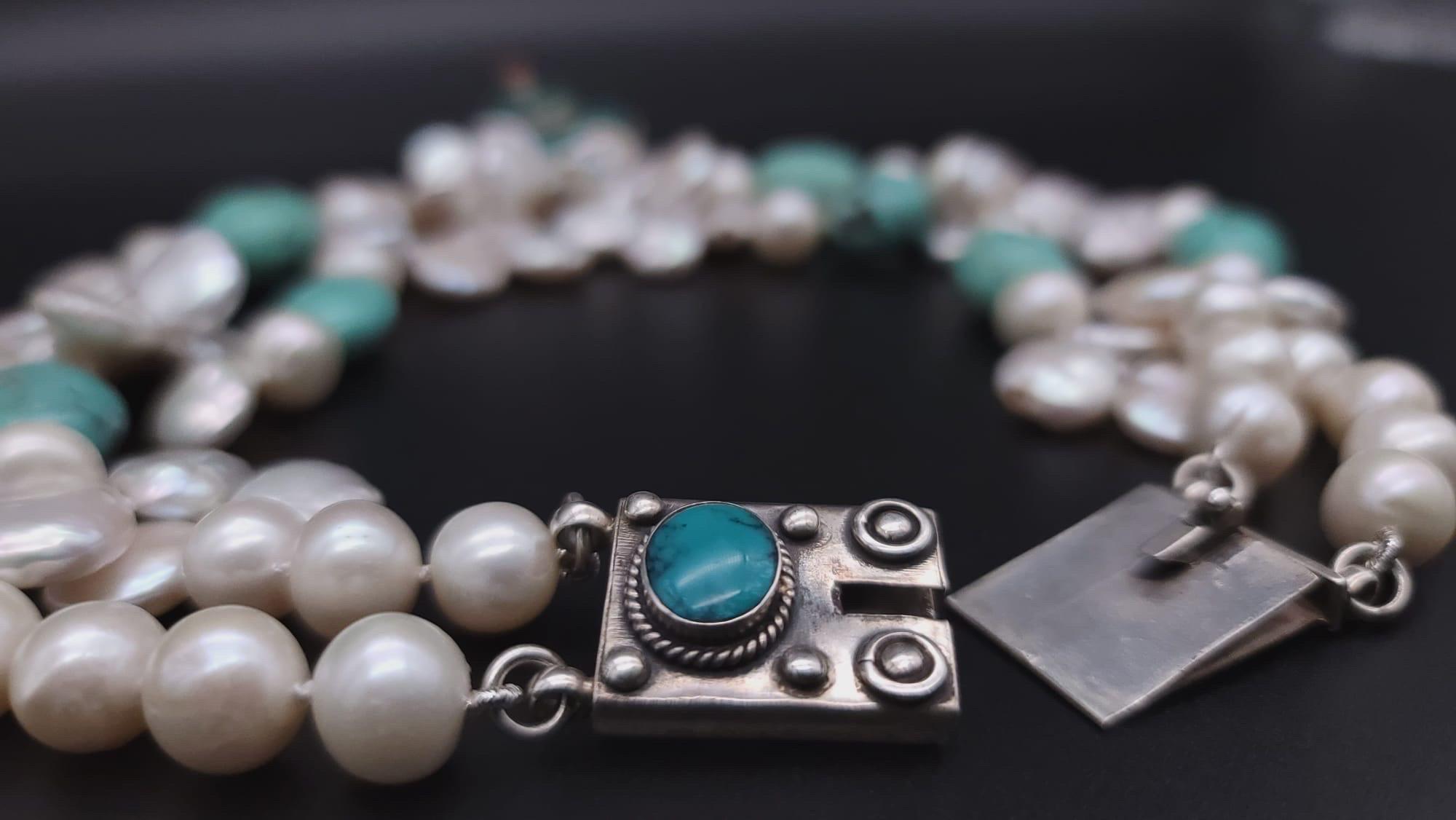 A.Jeschel Flattering Turquoise and Pearl necklace. For Sale 3