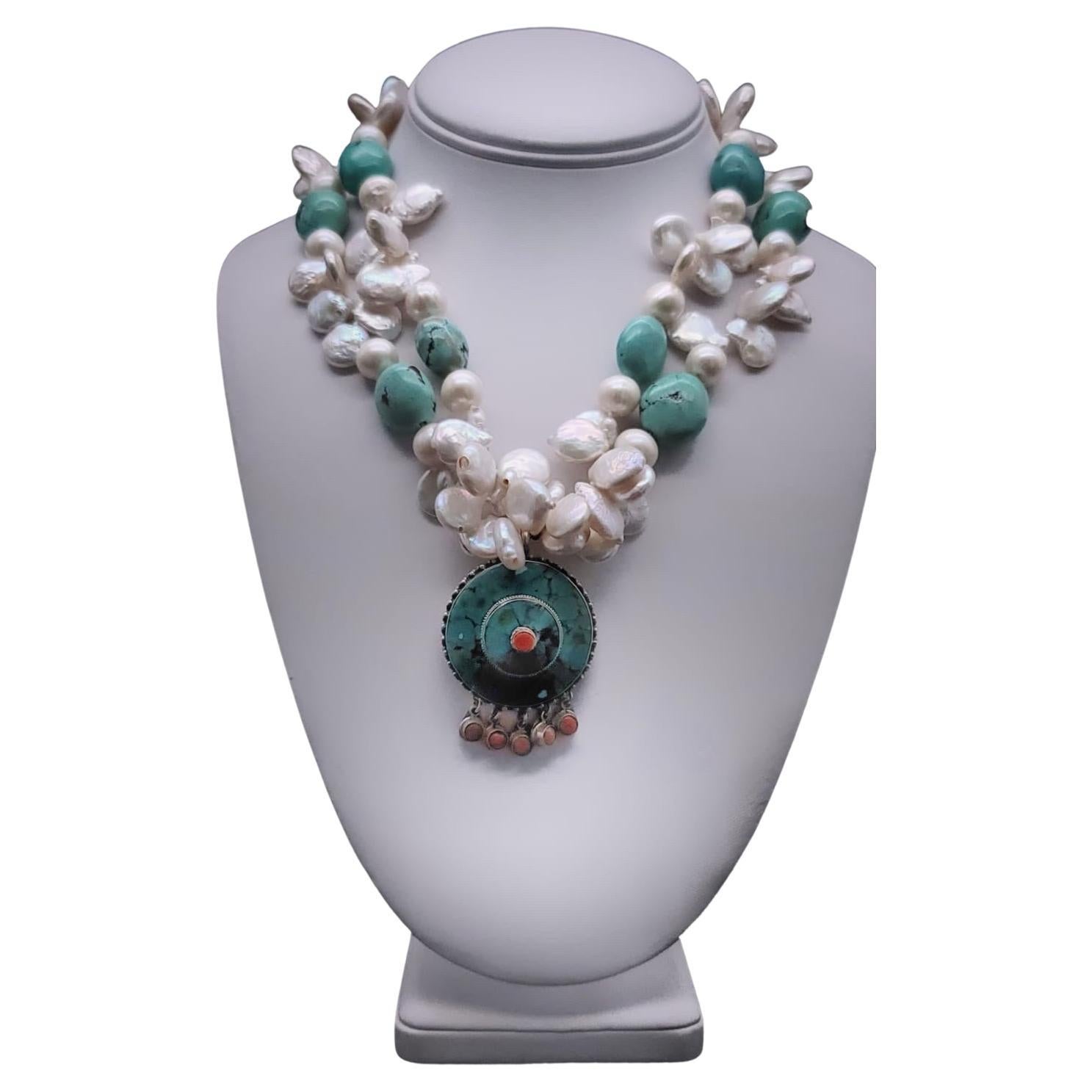 A.Jeschel Flattering Turquoise and Pearl necklace with Tibetan Pendant.