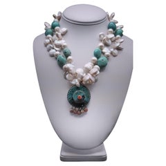 A.Jeschel Collar de Turquesa y Perlas con Colgante Tibetano.
