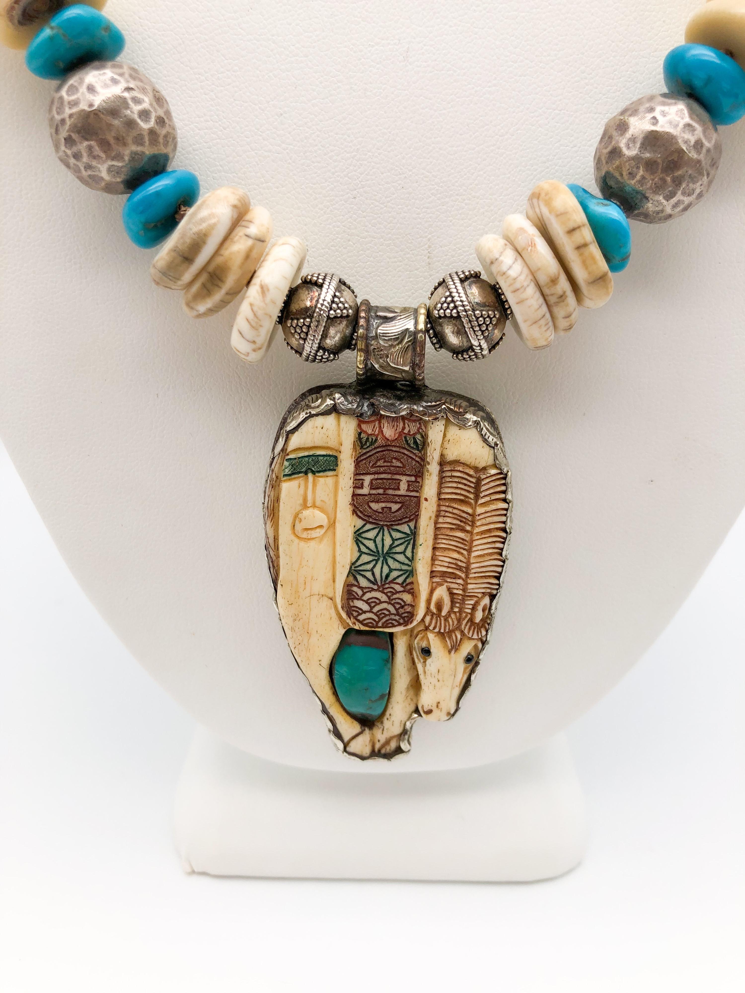 A.Jeschel  Folk Turquoise Carved Bone Horse Pendant In New Condition In Miami, FL