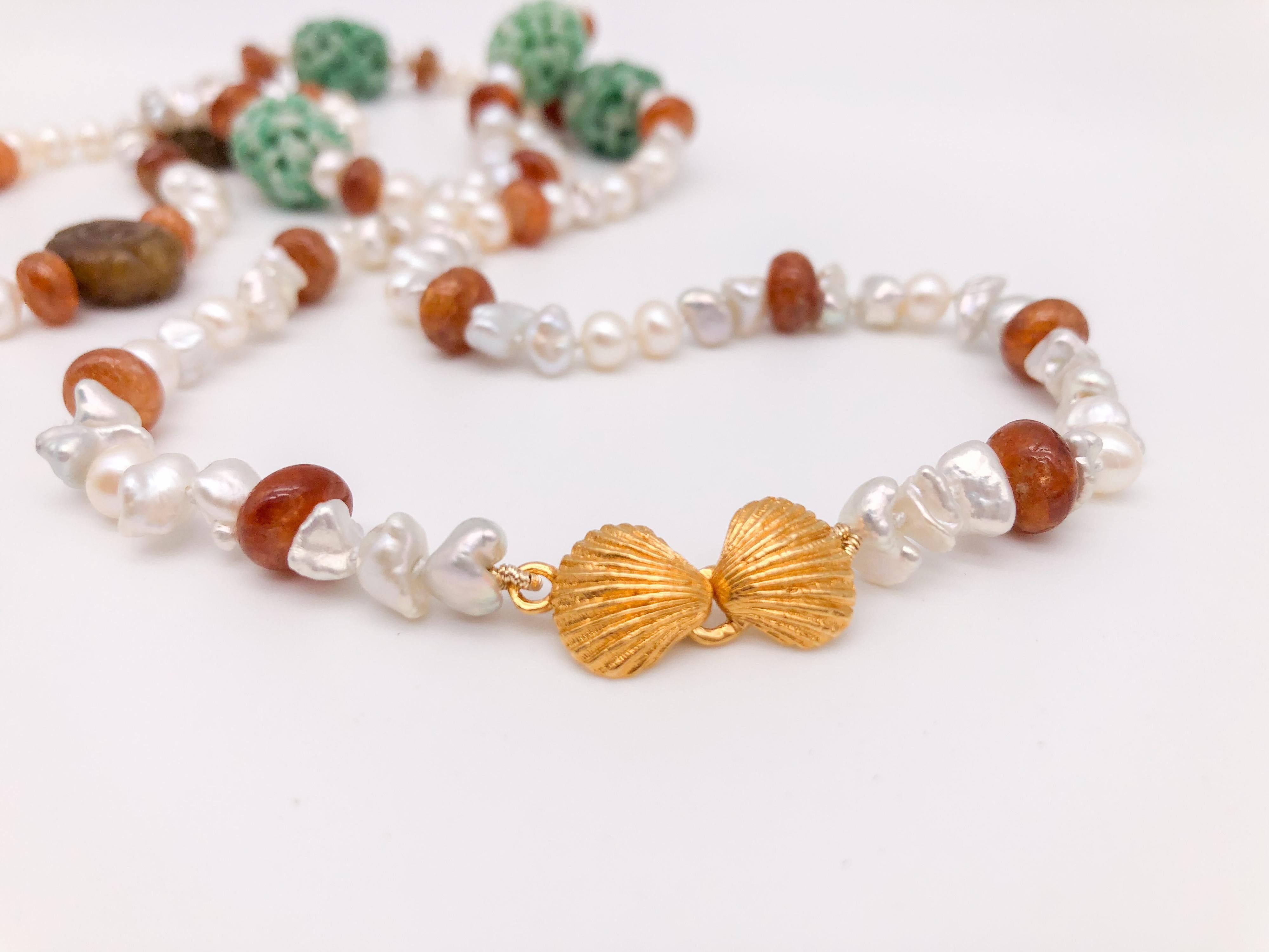 A.Jeschel Splendid Long Pearl, Hessonite, and Tobacco Jade Necklace 5