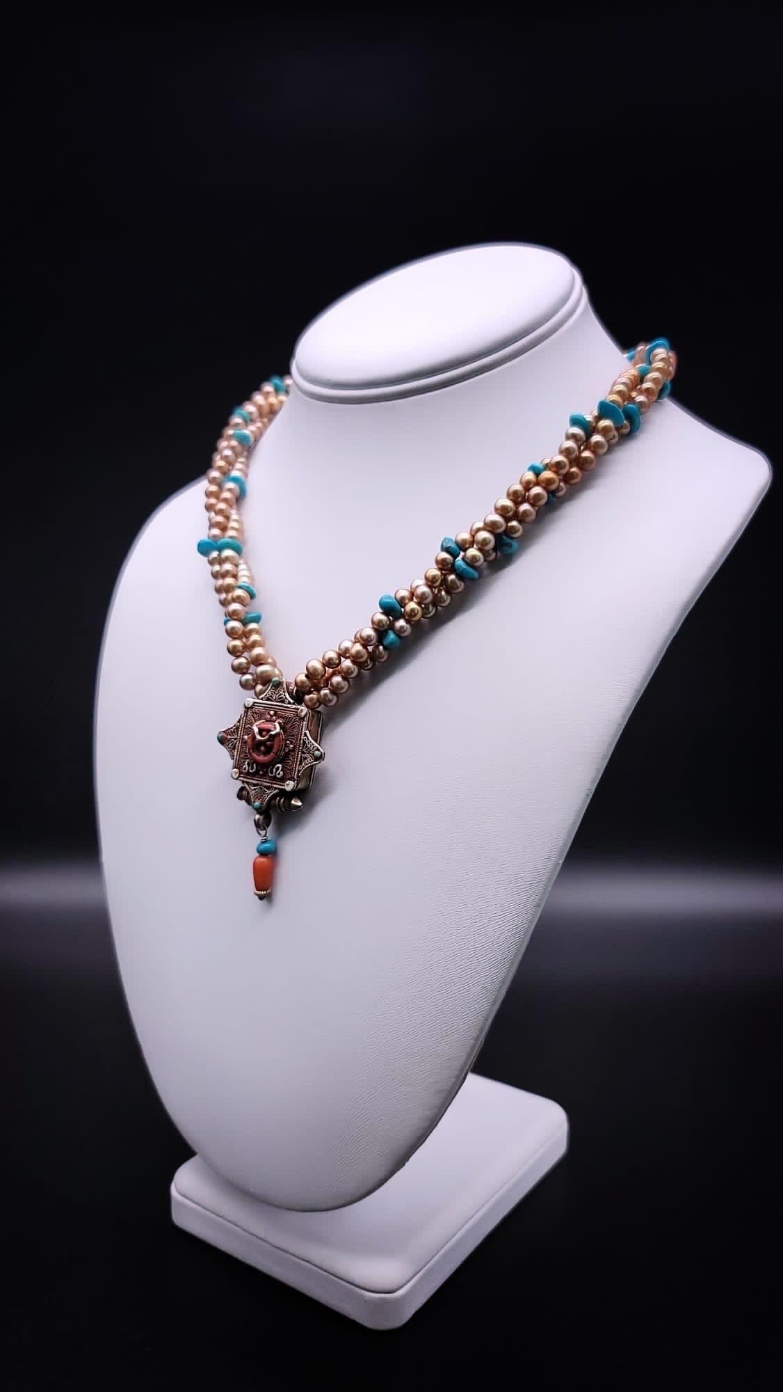 A.Jeschel  Stunning Freswater pearl necklace with a Vintage Tibetan pendant . For Sale 7