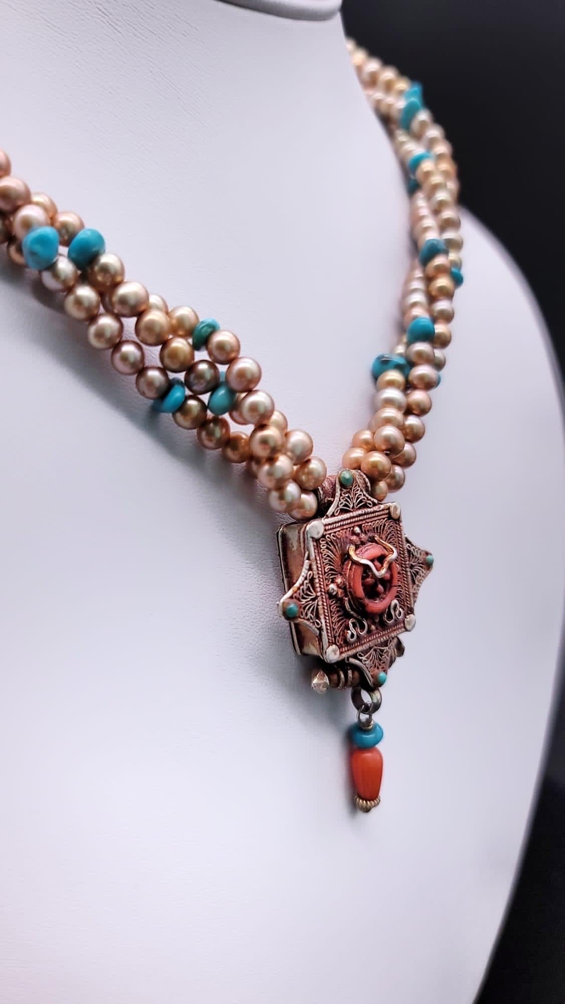 A.Jeschel  Stunning Freswater pearl necklace with a Vintage Tibetan pendant . For Sale 8