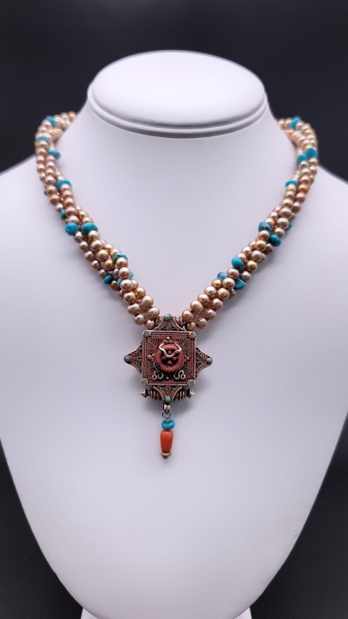 A.Jeschel  Stunning Freswater pearl necklace with a Vintage Tibetan pendant . For Sale 11