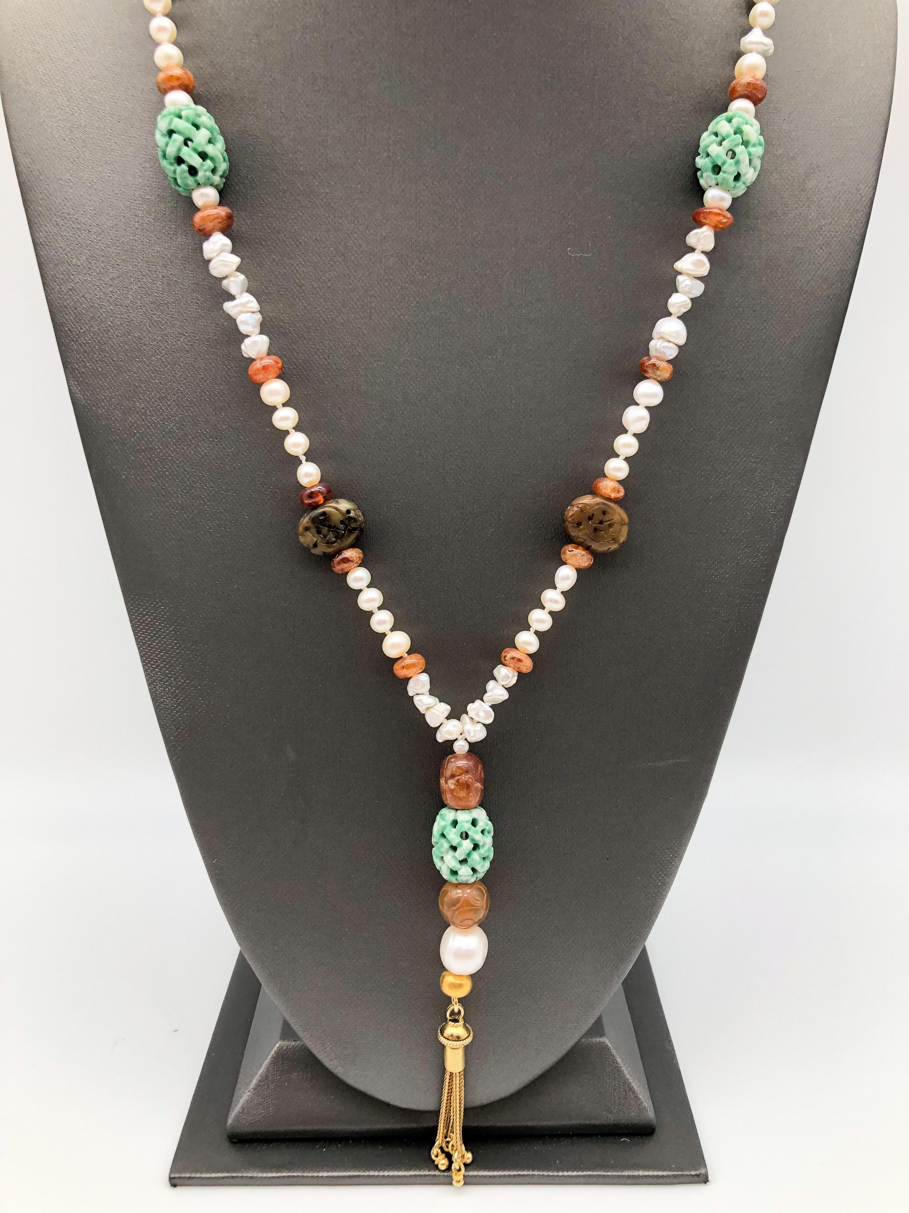 Contemporary A.Jeschel Splendid Long Pearl, Hessonite, and Tobacco Jade Necklace