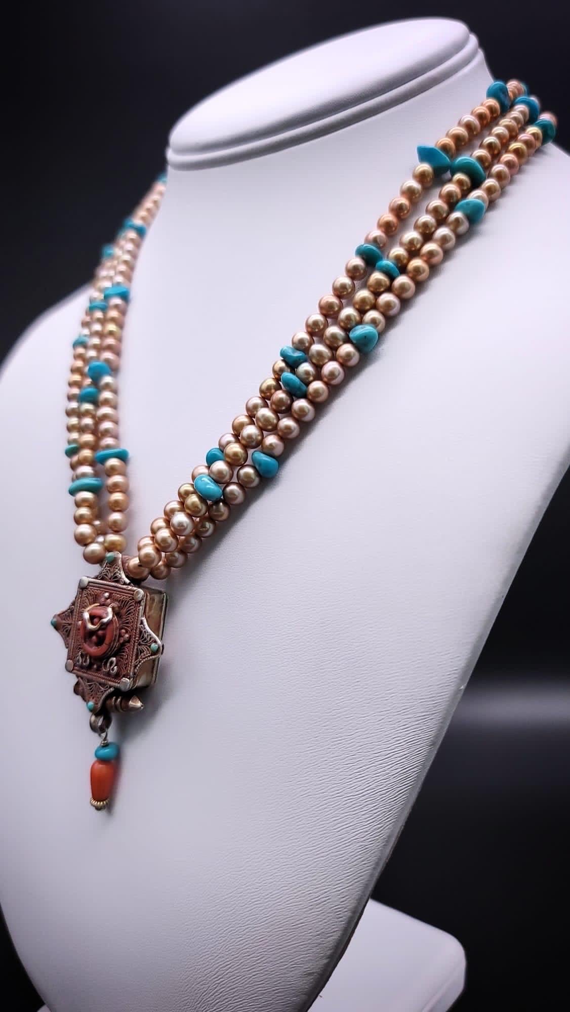 Contemporary A.Jeschel  Stunning Freswater pearl necklace with a Vintage Tibetan pendant . For Sale