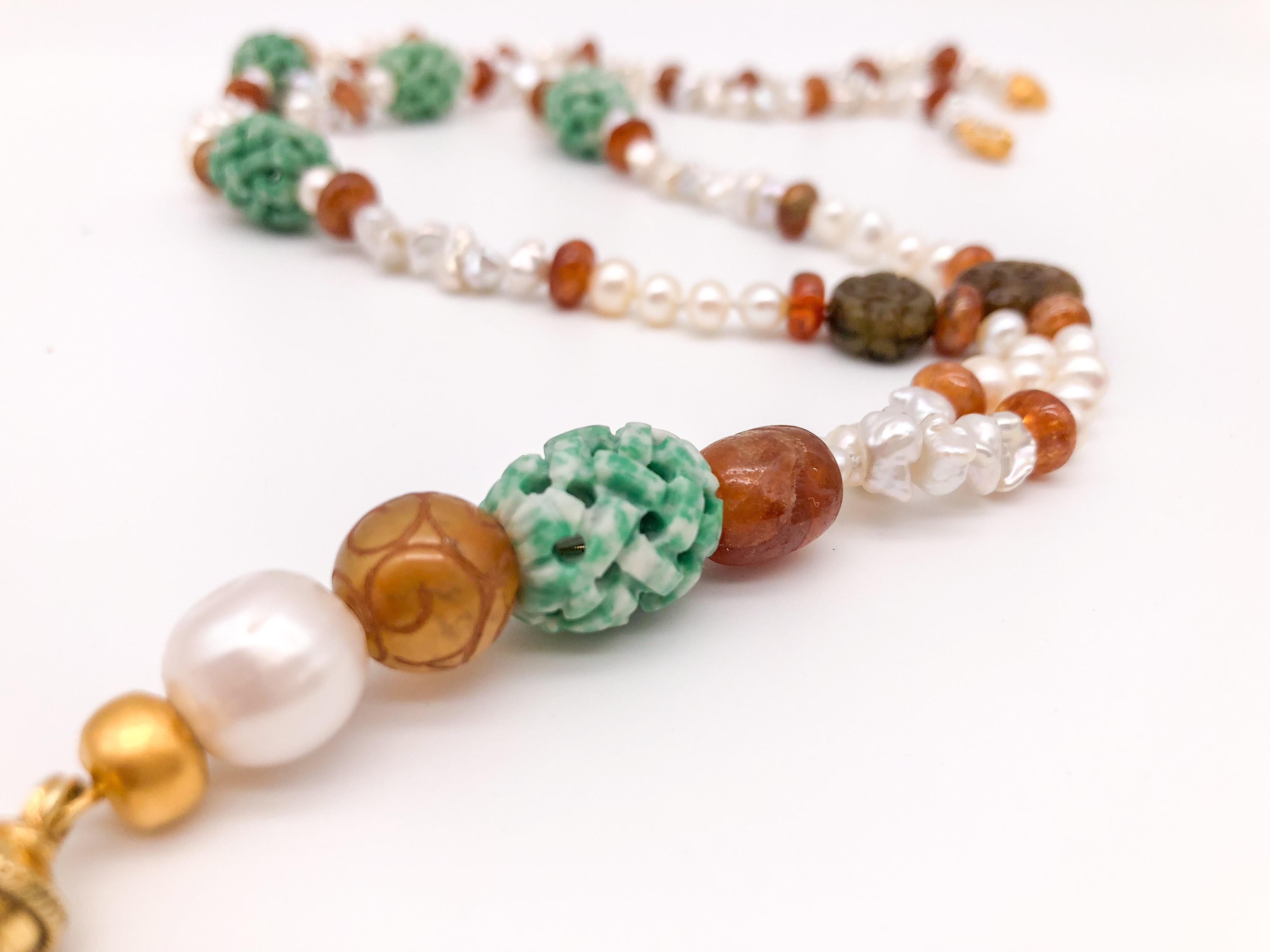 Mixed Cut A.Jeschel Splendid Long Pearl, Hessonite, and Tobacco Jade Necklace