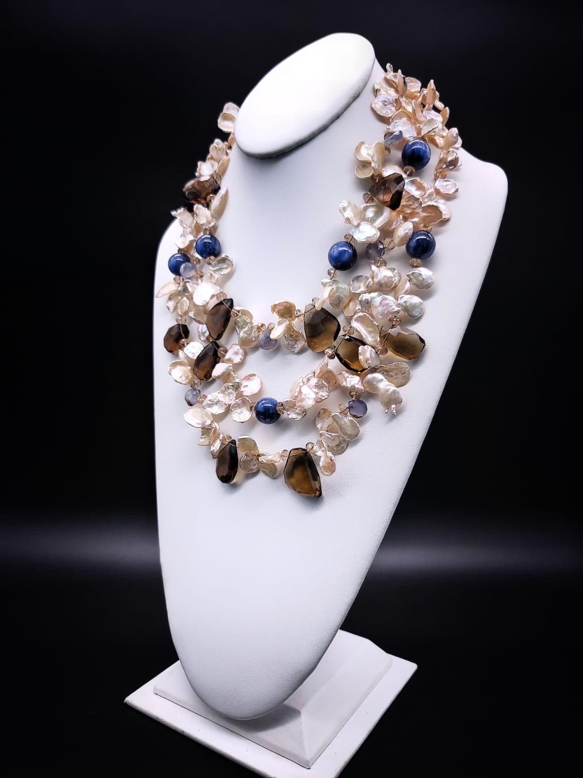 A.Jeschel Three strand Keshi Pearl and assorted gemstone necklace. In New Condition For Sale In Miami, FL