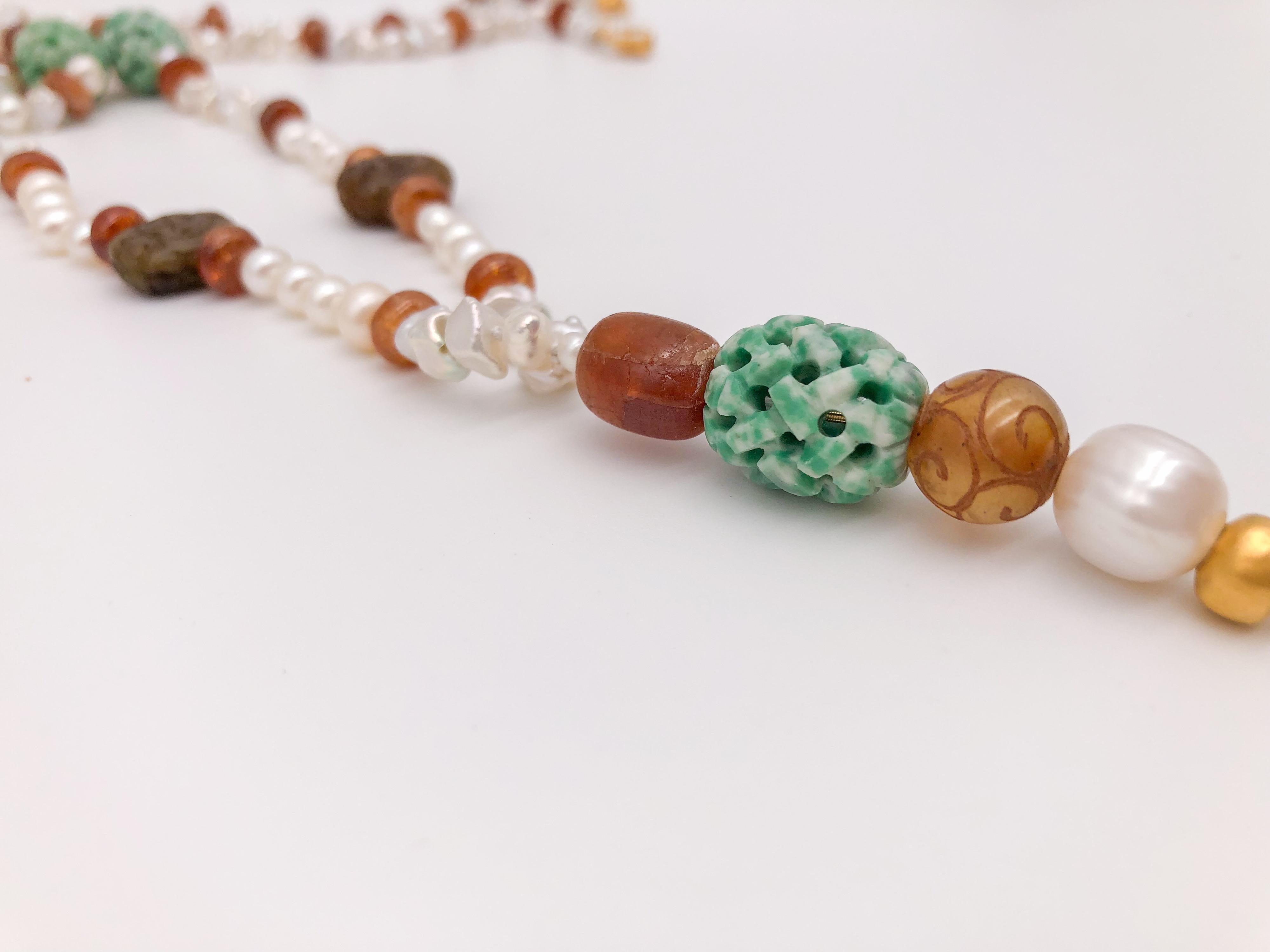 A.Jeschel Splendid Long Pearl, Hessonite, and Tobacco Jade Necklace In New Condition In Miami, FL