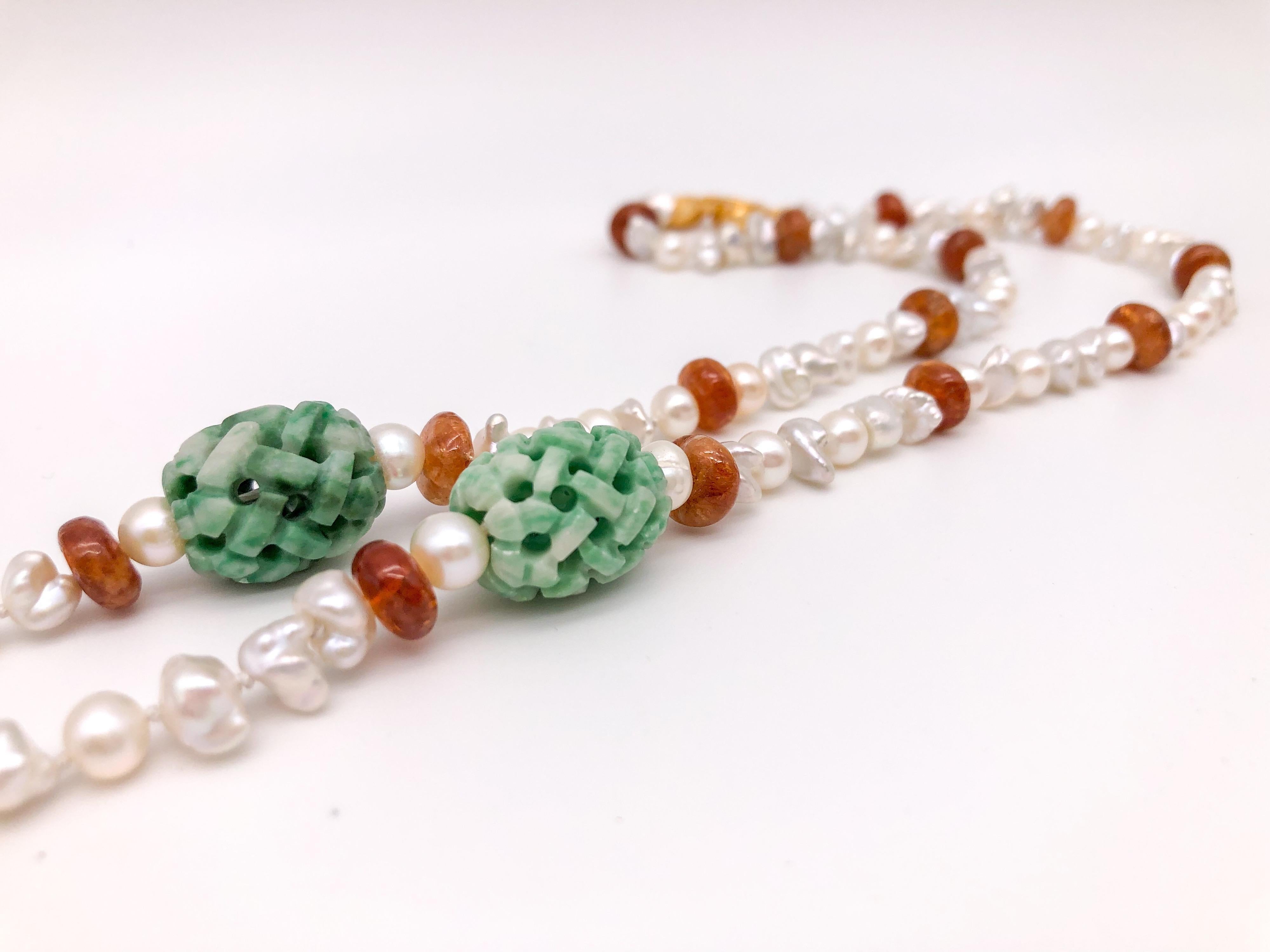 A.Jeschel Splendid Long Pearl, Hessonite, and Tobacco Jade Necklace 1