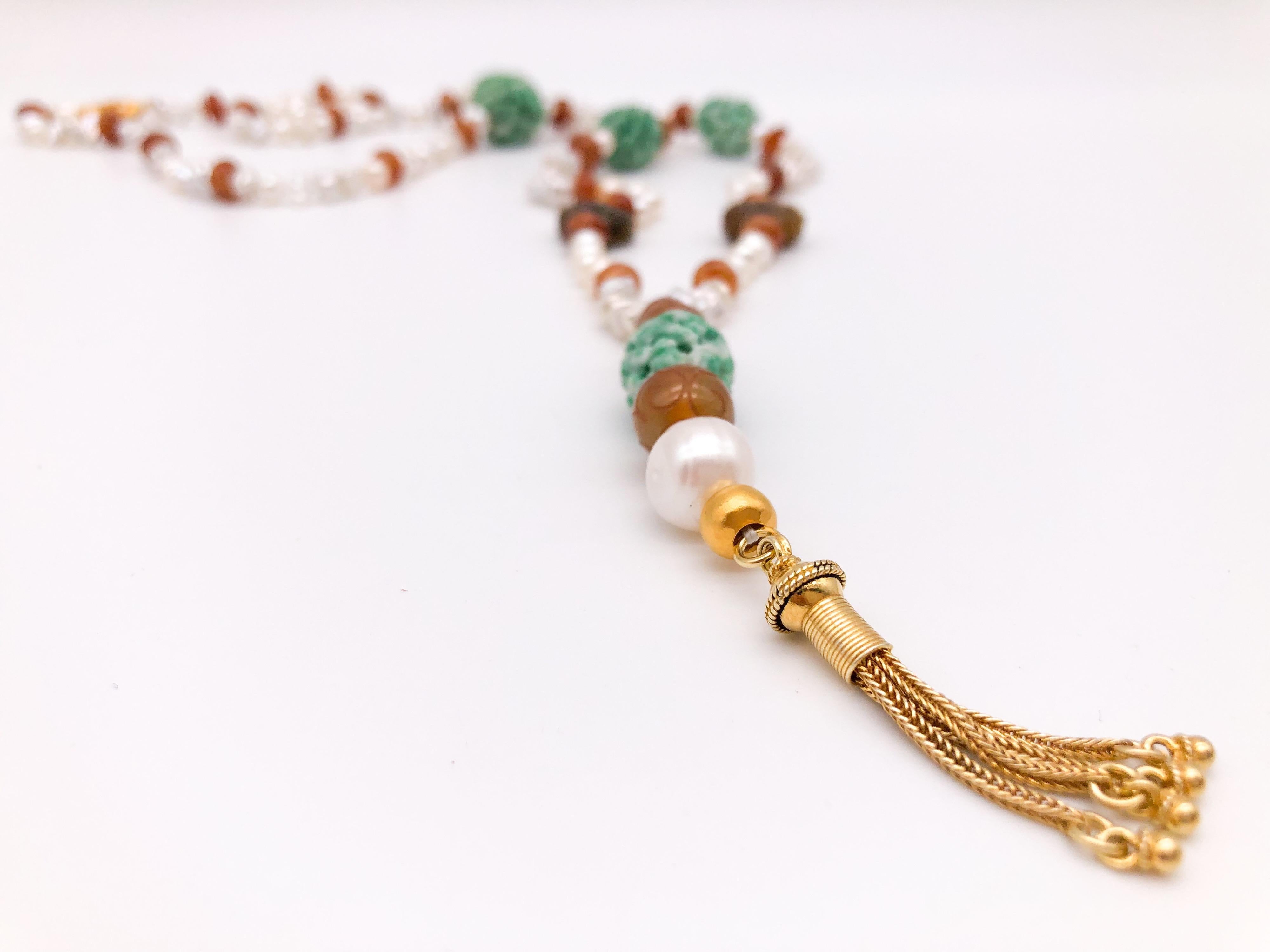 A.Jeschel Splendid Long Pearl, Hessonite, and Tobacco Jade Necklace 2