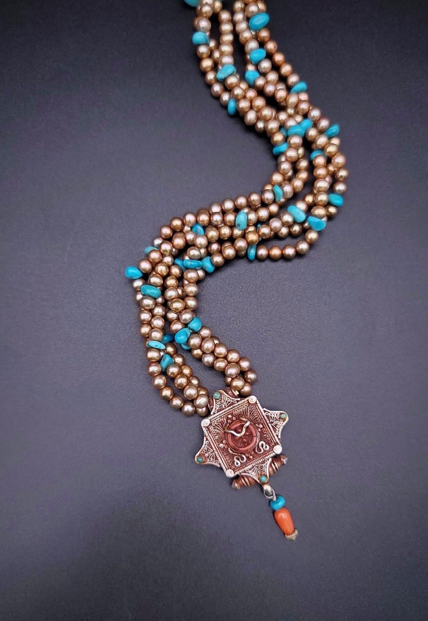 A.Jeschel  Stunning Freswater pearl necklace with a Vintage Tibetan pendant . For Sale 2