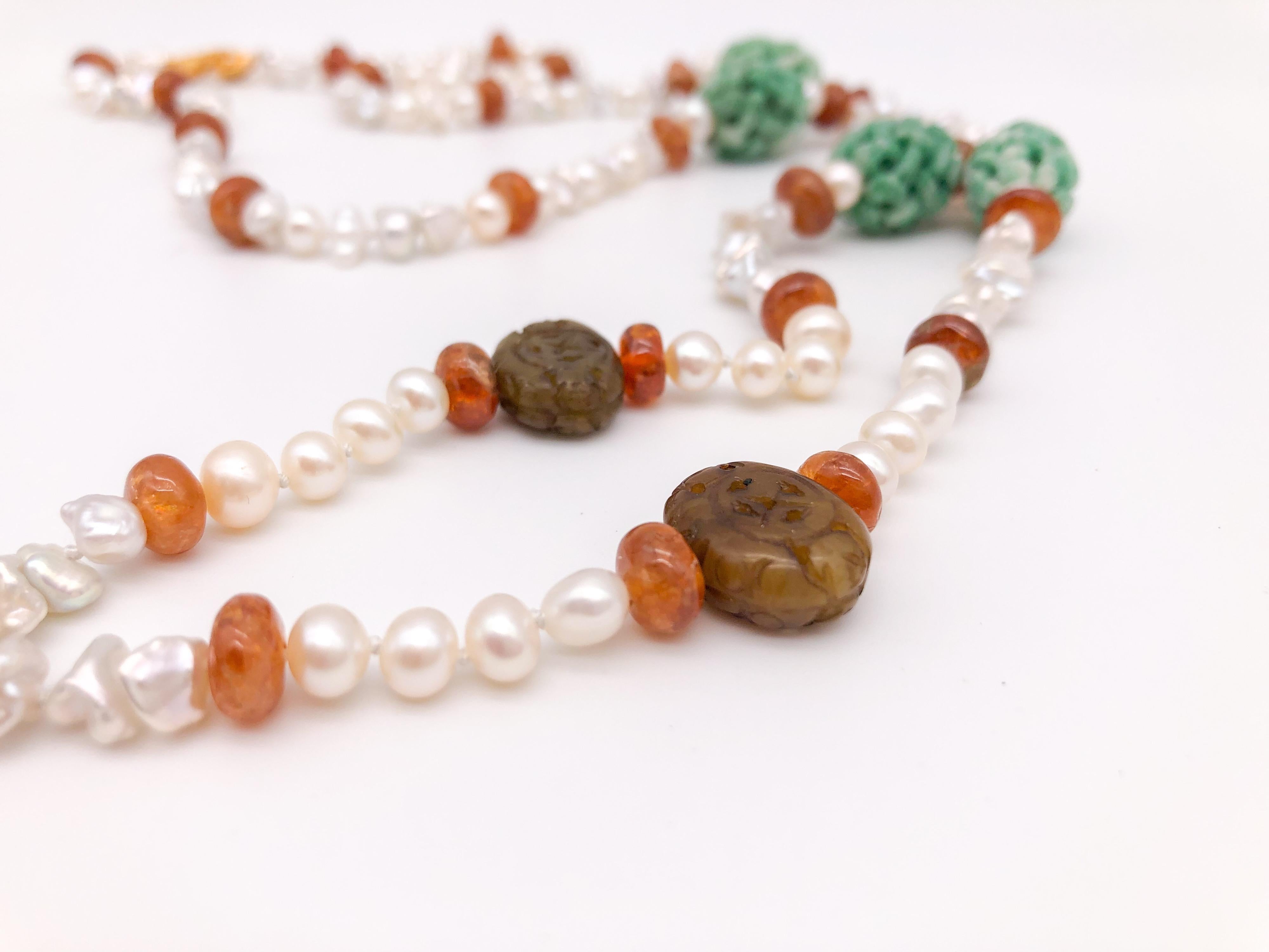A.Jeschel Splendid Long Pearl, Hessonite, and Tobacco Jade Necklace 3