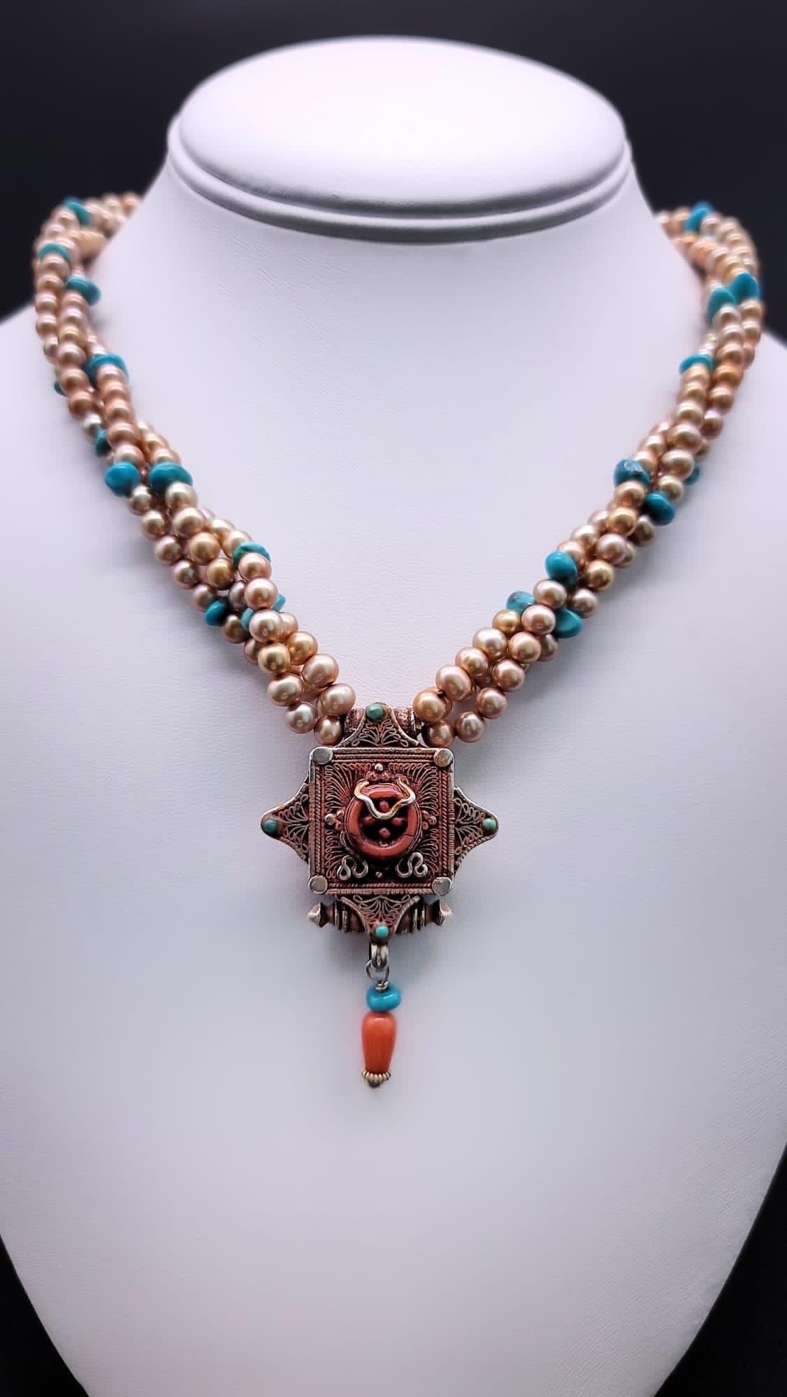 A.Jeschel  Stunning Freswater pearl necklace with a Vintage Tibetan pendant . For Sale 3