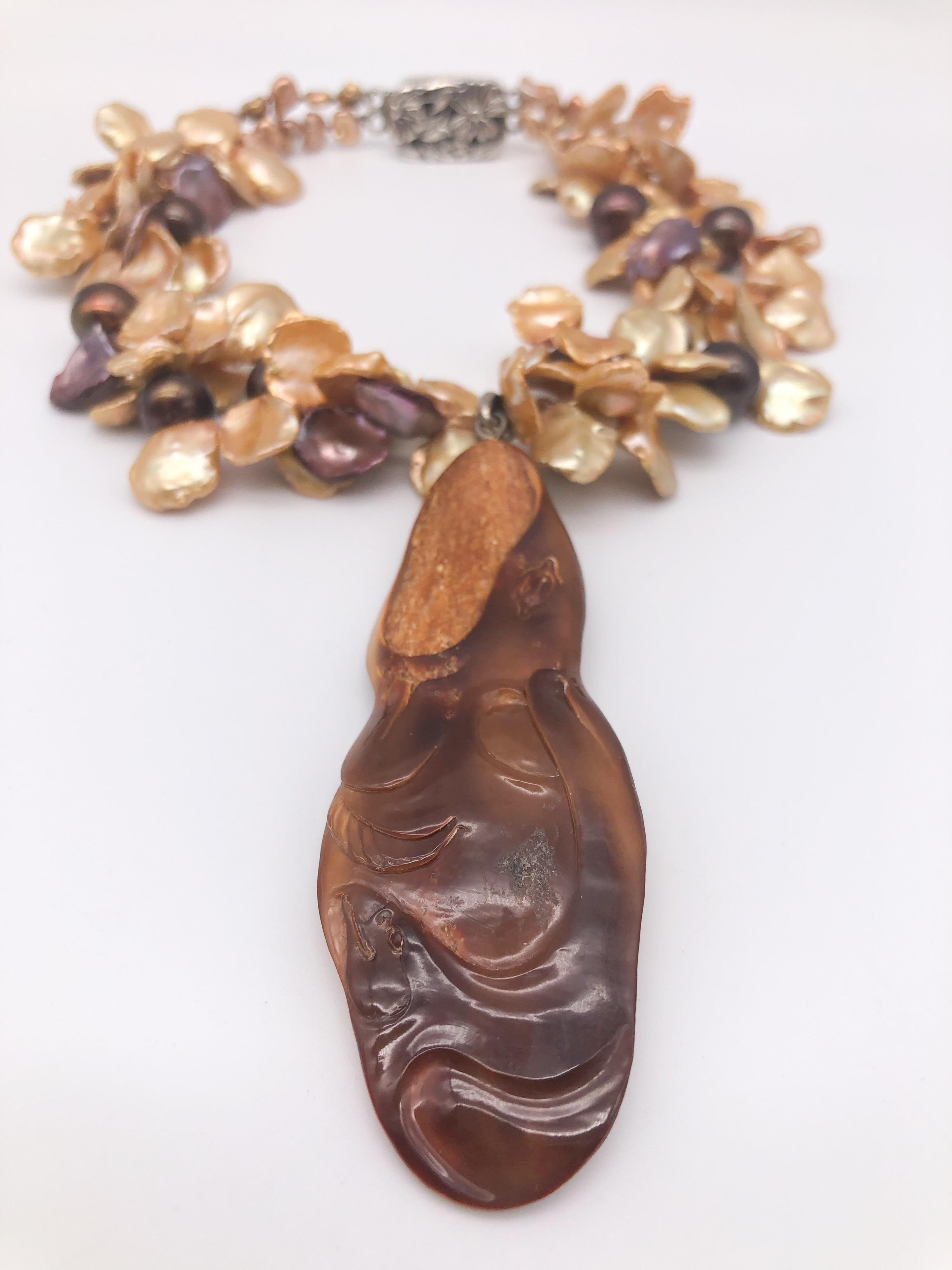 Mixed Cut A.Jeschel Fossilized Scrimshaw Walrus pendant necklace For Sale