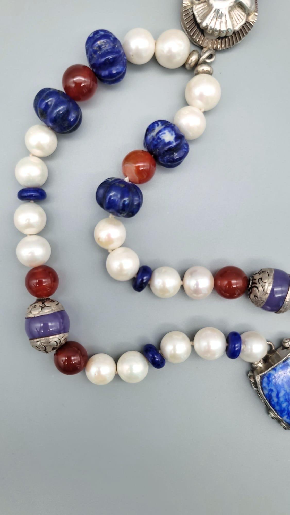 A.Jeschel  Freshwater Pearl and Lapis necklace with a silver scarab pendant. For Sale 5