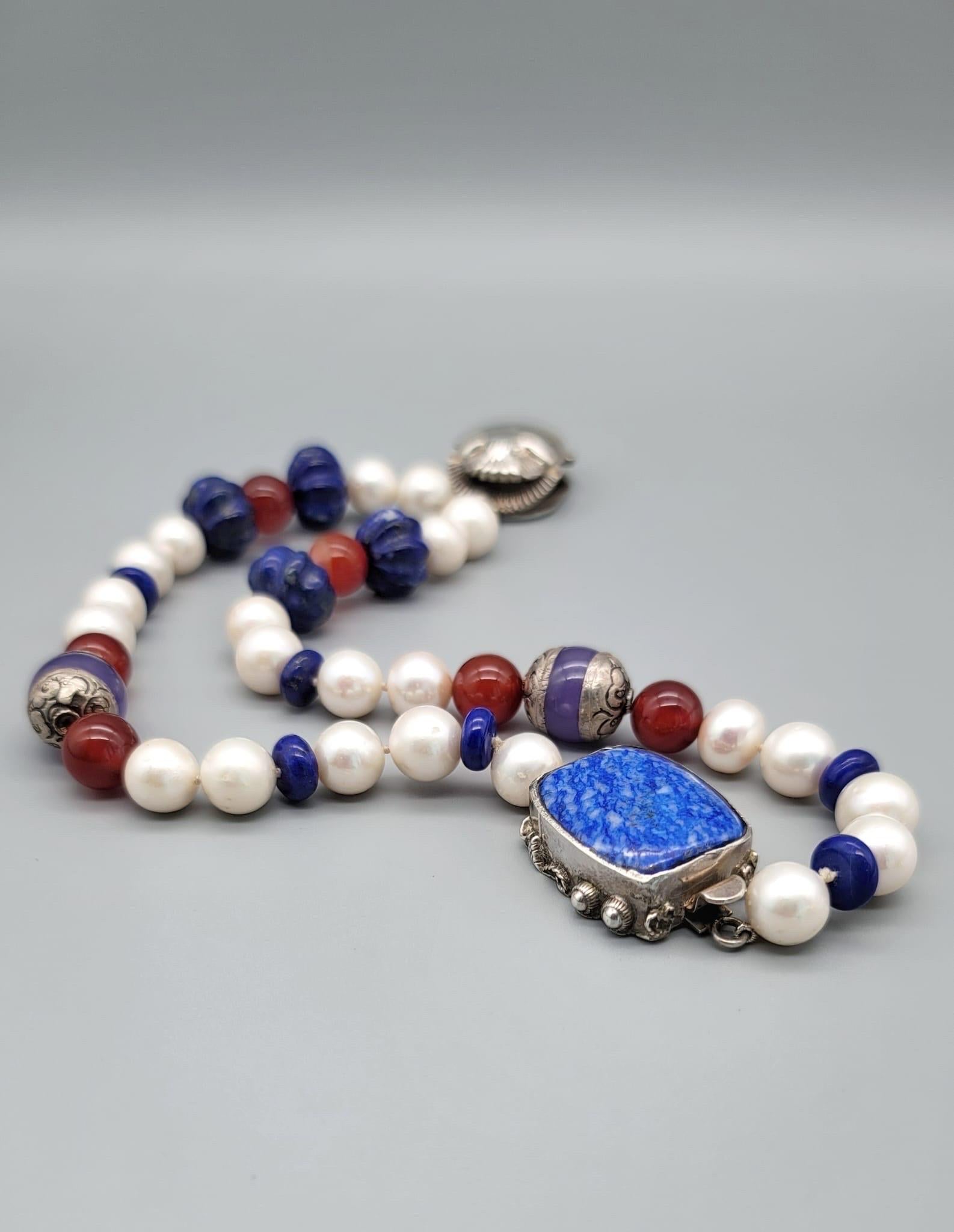 A.Jeschel  Freshwater Pearl and Lapis necklace with a silver scarab pendant. For Sale 6