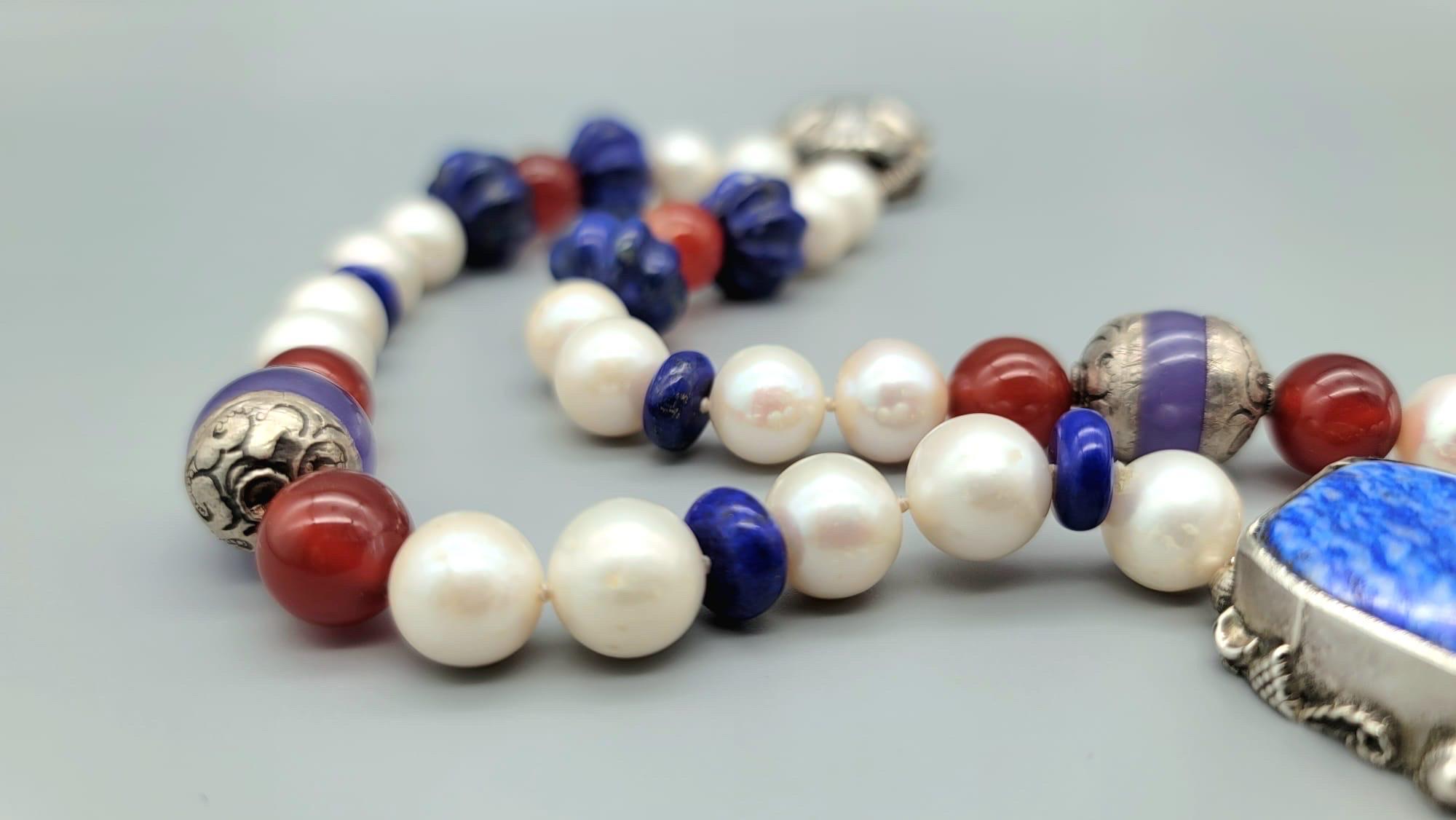 A.Jeschel  Freshwater Pearl and Lapis necklace with a silver scarab pendant. For Sale 7