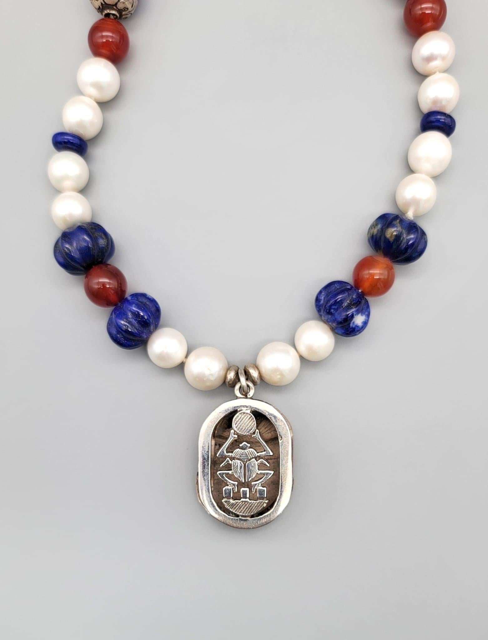 A.Jeschel  Freshwater Pearl and Lapis necklace with a silver scarab pendant. For Sale 8