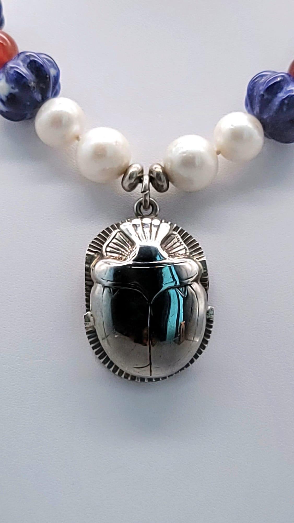 A.Jeschel  Freshwater Pearl and Lapis necklace with a silver scarab pendant. For Sale 9