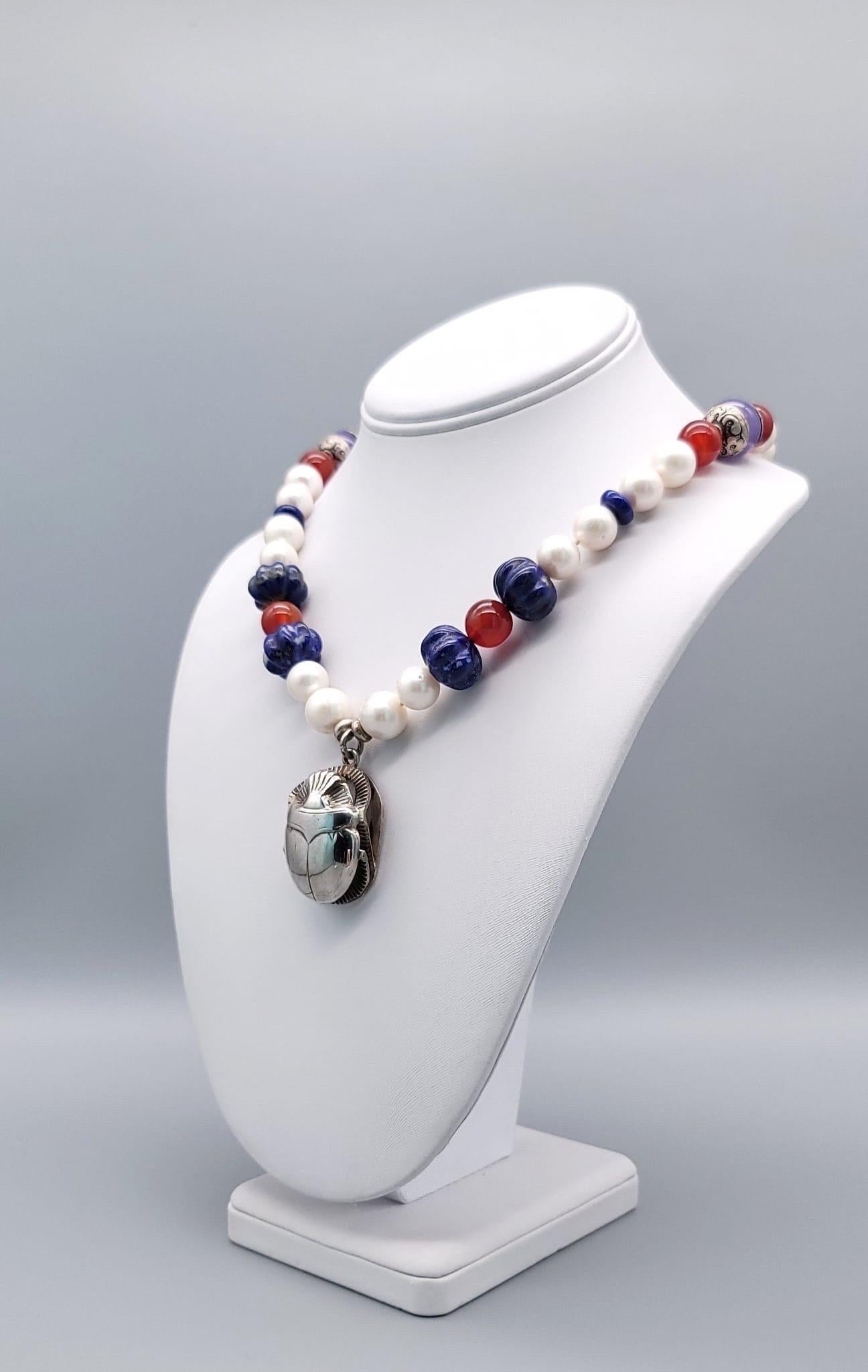 A.Jeschel  Freshwater Pearl and Lapis necklace with a silver scarab pendant. For Sale 11