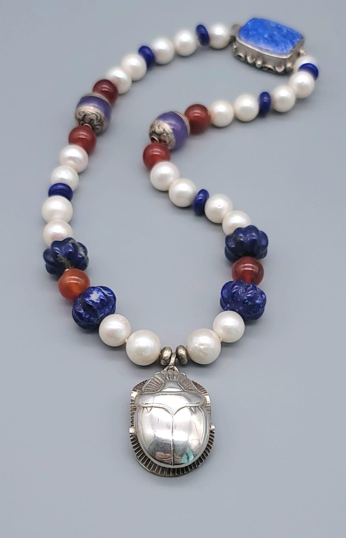 A.Jeschel  Freshwater Pearl and Lapis necklace with a silver scarab pendant. For Sale 12