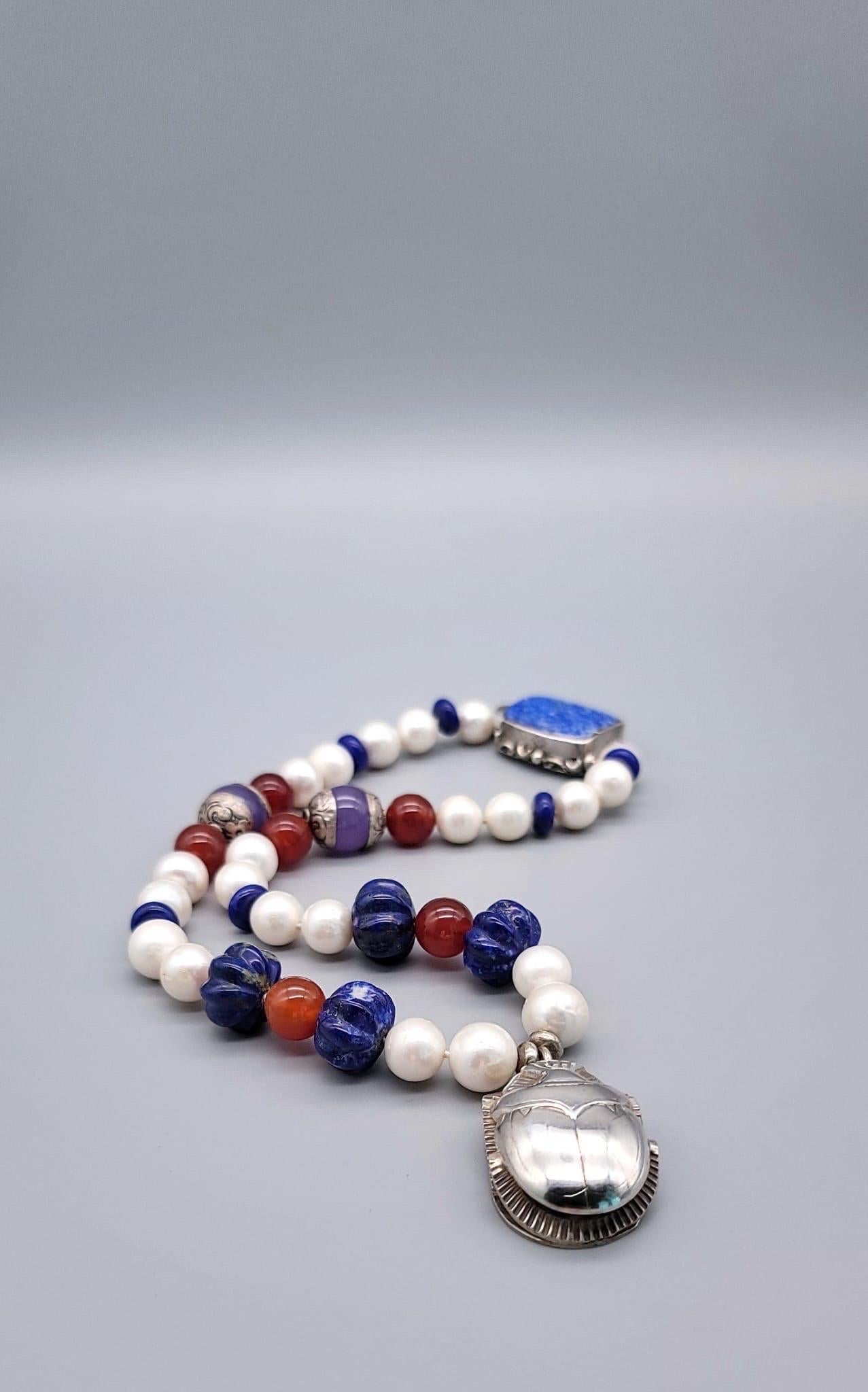 A.Jeschel  Freshwater Pearl and Lapis necklace with a silver scarab pendant. For Sale 13