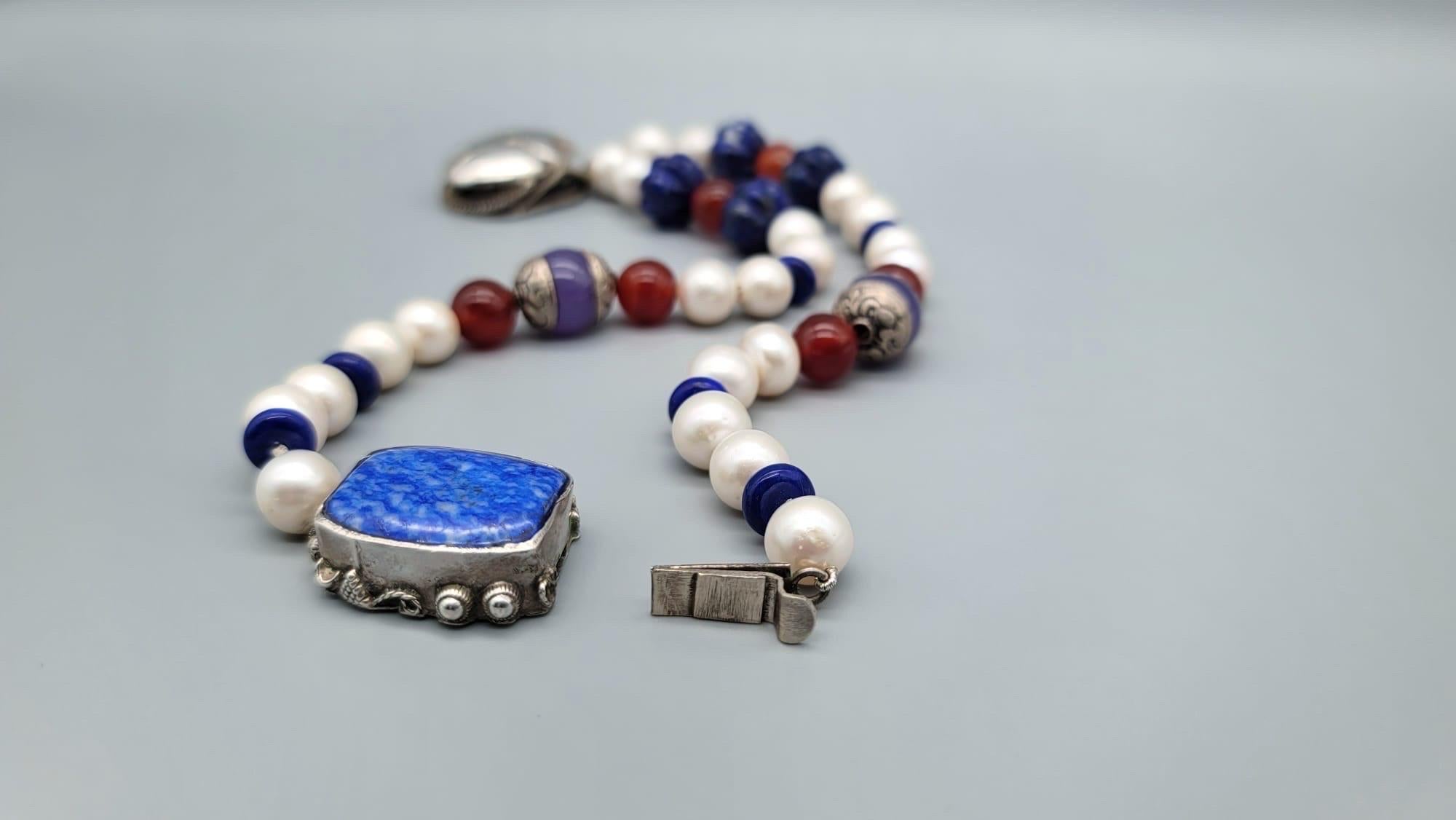 A.Jeschel  Freshwater Pearl and Lapis necklace with a silver scarab pendant. For Sale 2