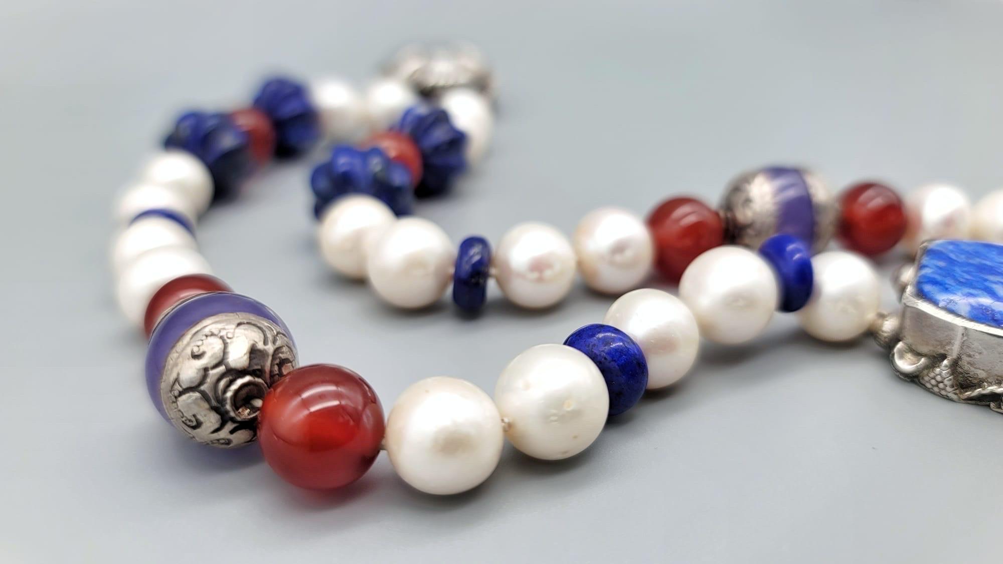 A.Jeschel  Freshwater Pearl and Lapis necklace with a silver scarab pendant. For Sale 3