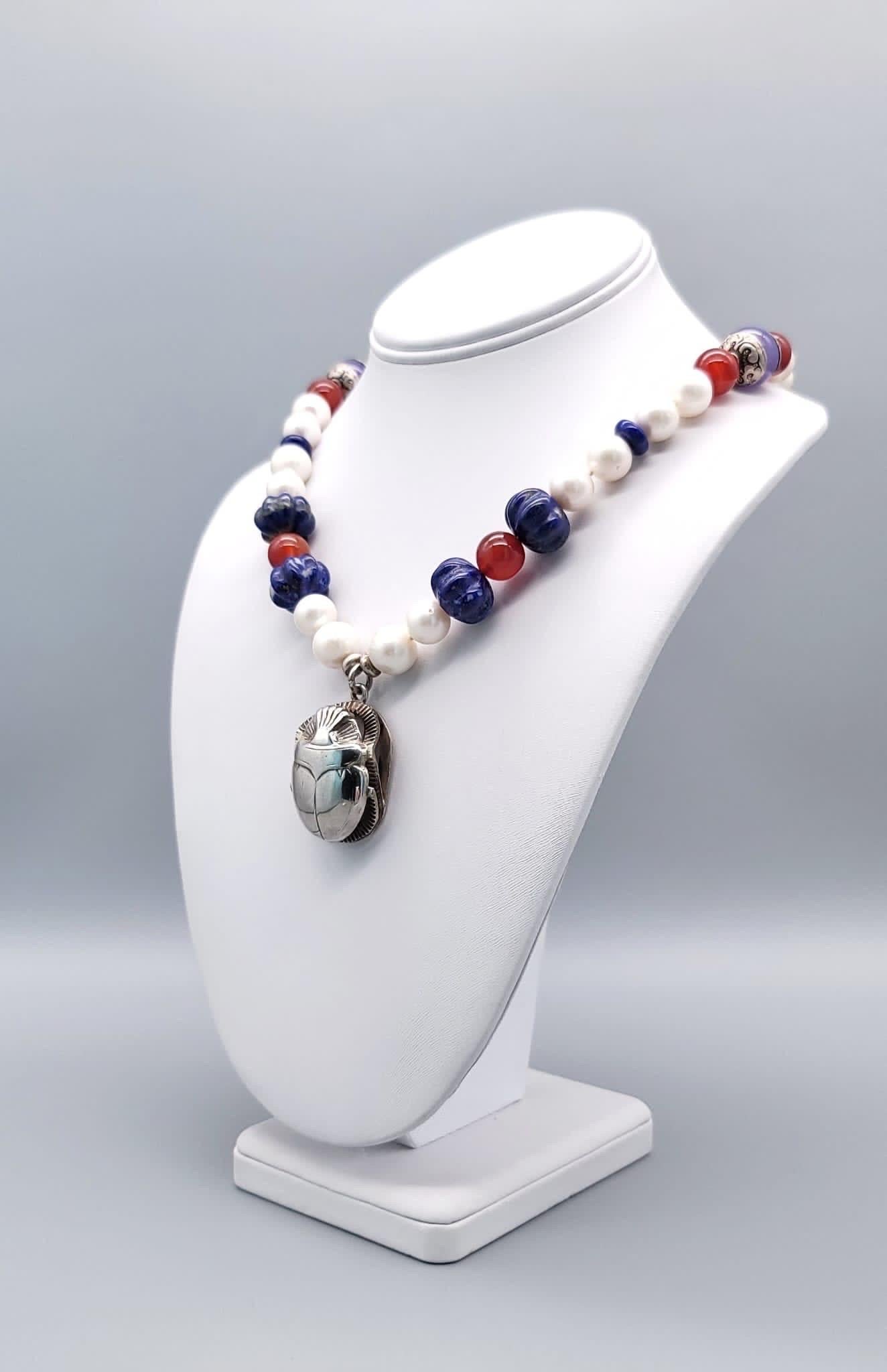 A.Jeschel  Freshwater Pearl and Lapis necklace with a silver scarab pendant. For Sale 4